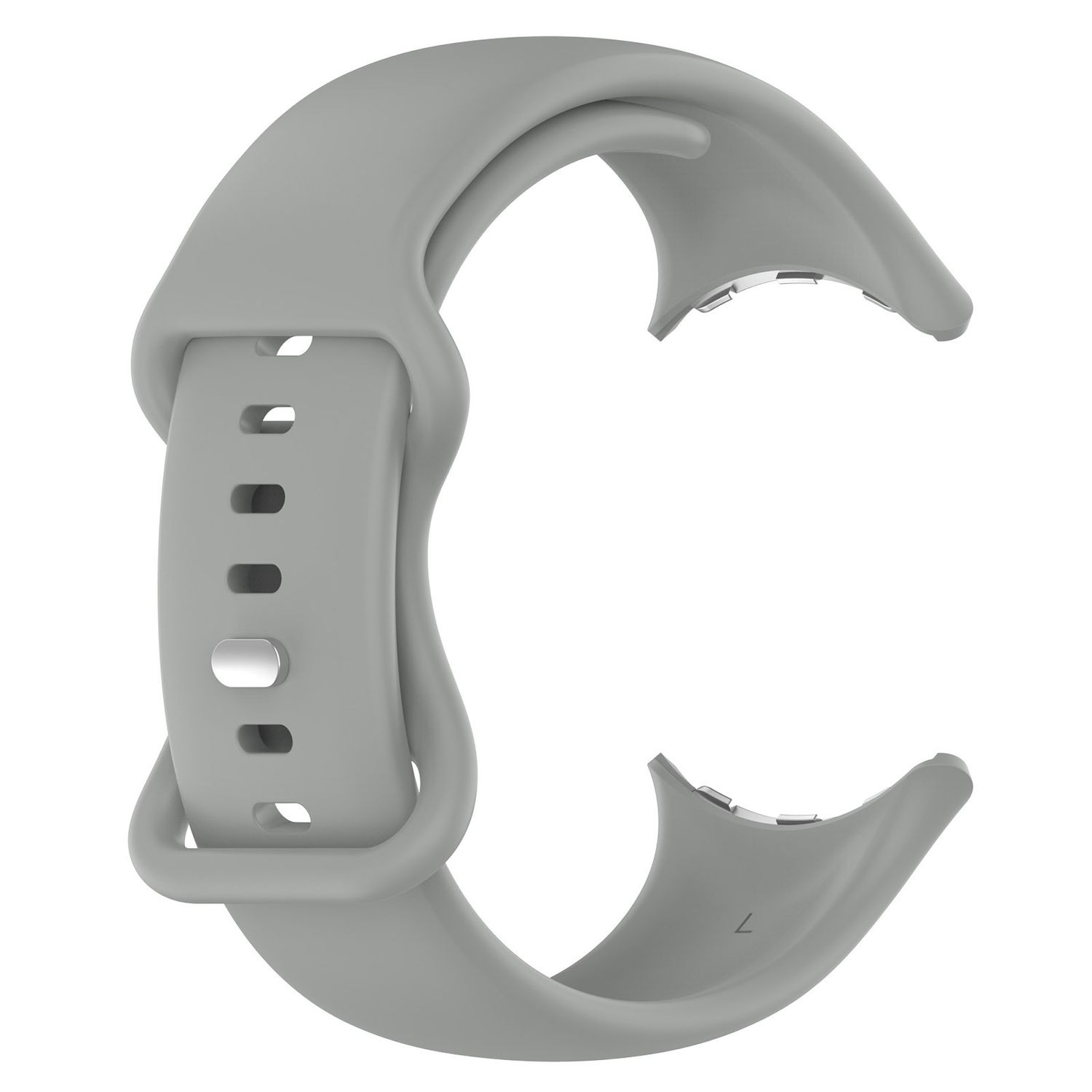 Graues Uhrenarmband. Gebogene Form mit Schnalle, auf weißem Hintergrund.