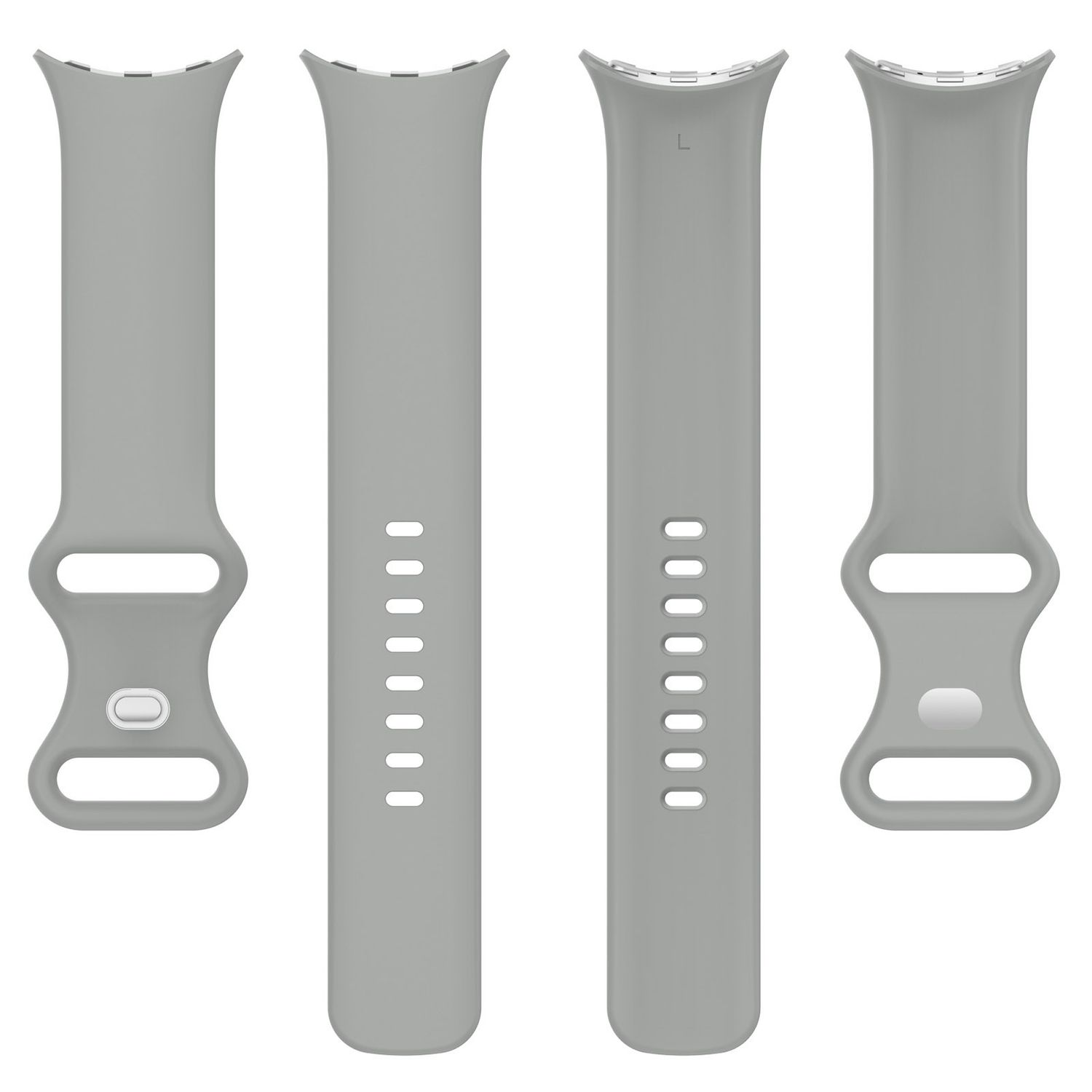 Vier graue Silikon-Uhrenarmbänder mit unterschiedlichen Designs und Lochungen.