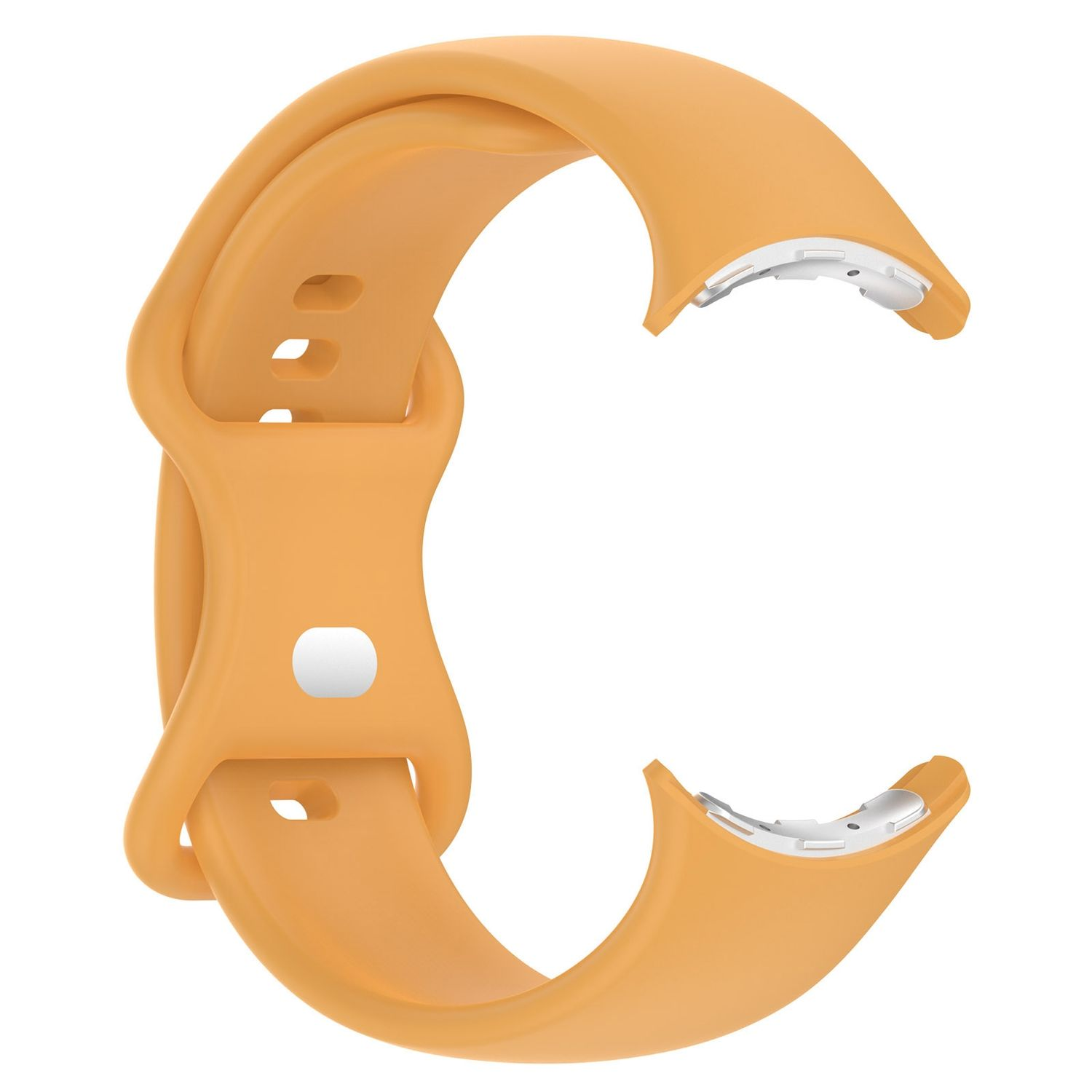 Oranges Smartwatch-Armband. Gebogene Form mit silbernen Anschlüssen.