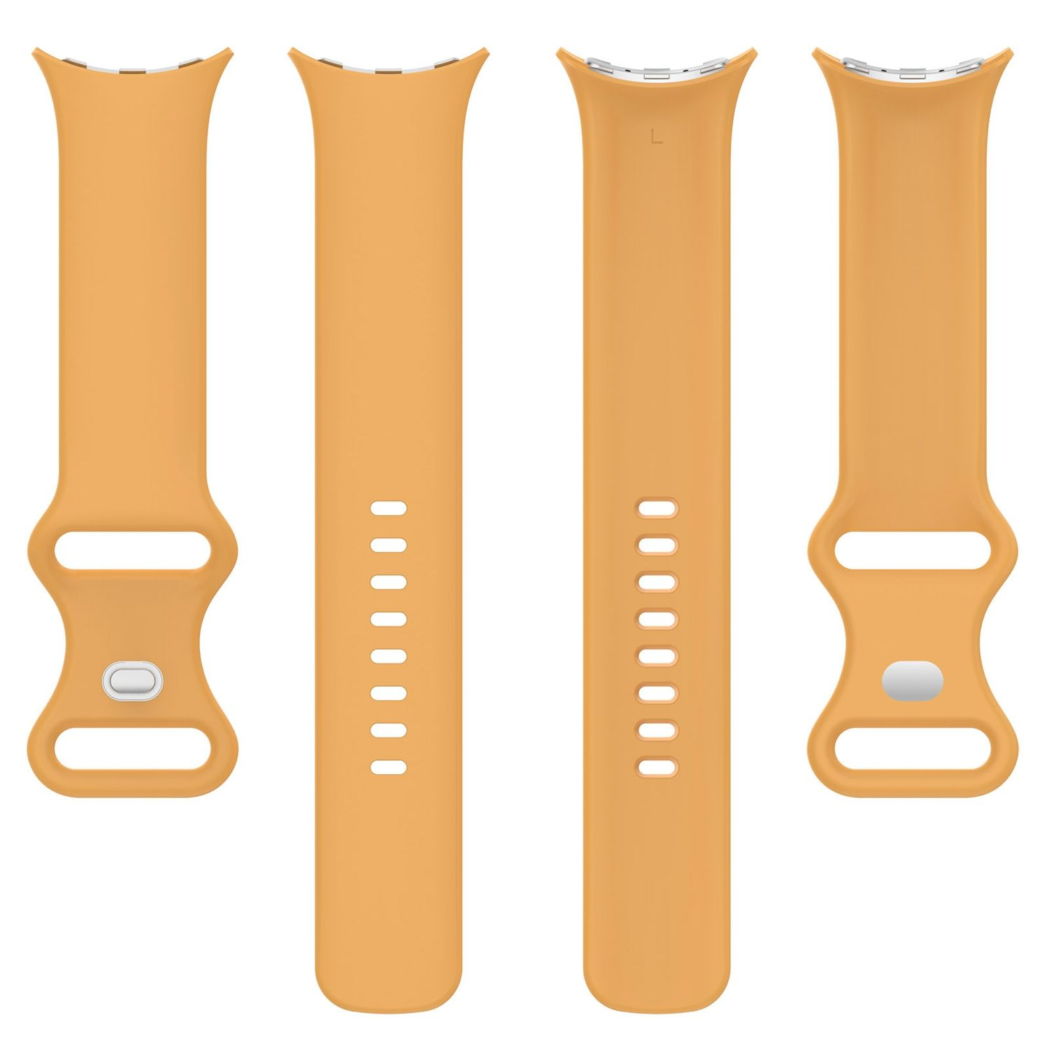 Orangefarbene Uhrenarmbandteile: zwei mit Verschlüssen und zwei Bandsegmente, alle orange.