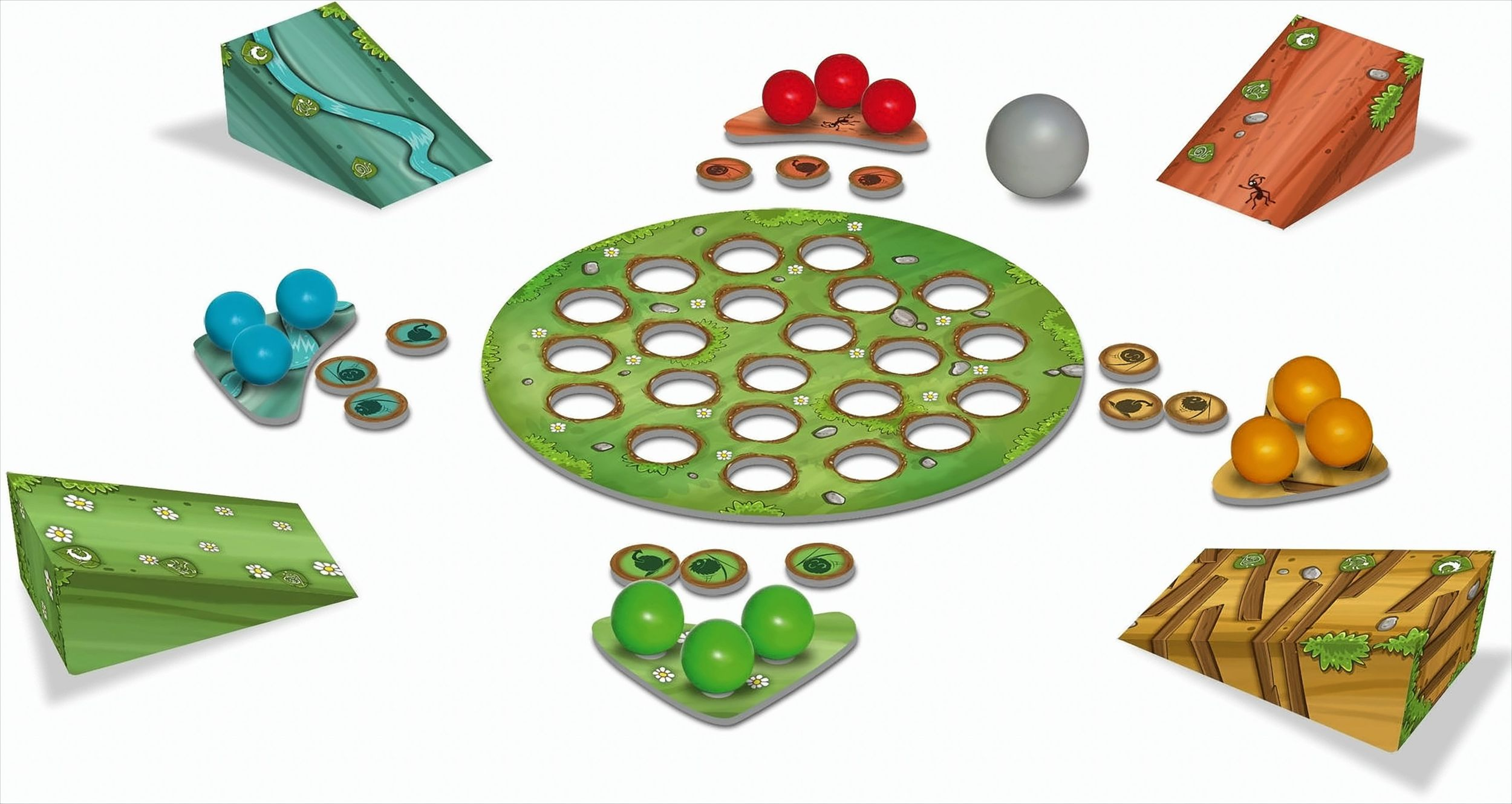 Brettspiel mit farbigen Elementen. Blaue und grüne Kugeln und Plattformen, rote und orangefarbene Kugeln.