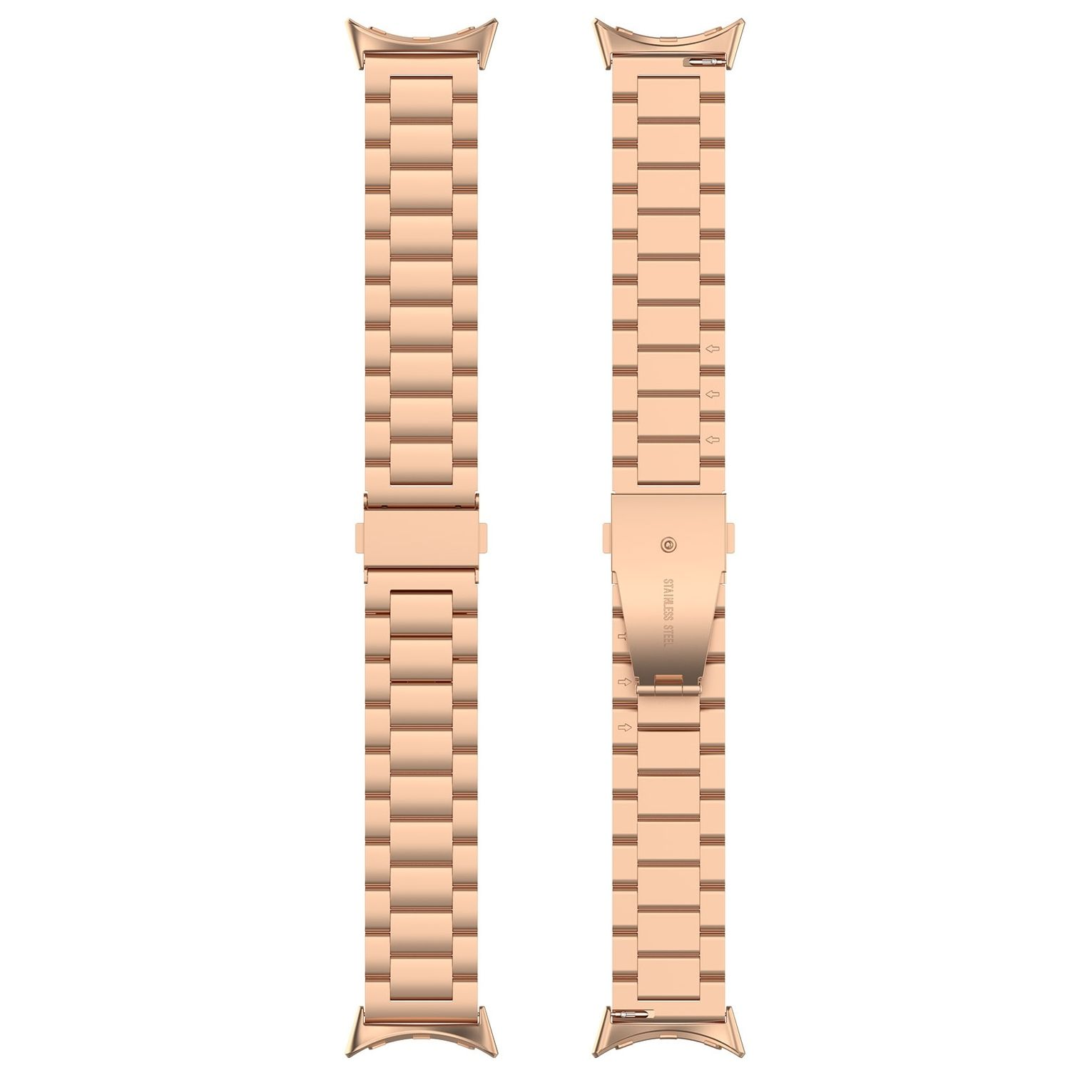 Zwei roségoldene Uhrenarmbänder mit Edelstahlverschluss. Die Armbänder sind verbunden.