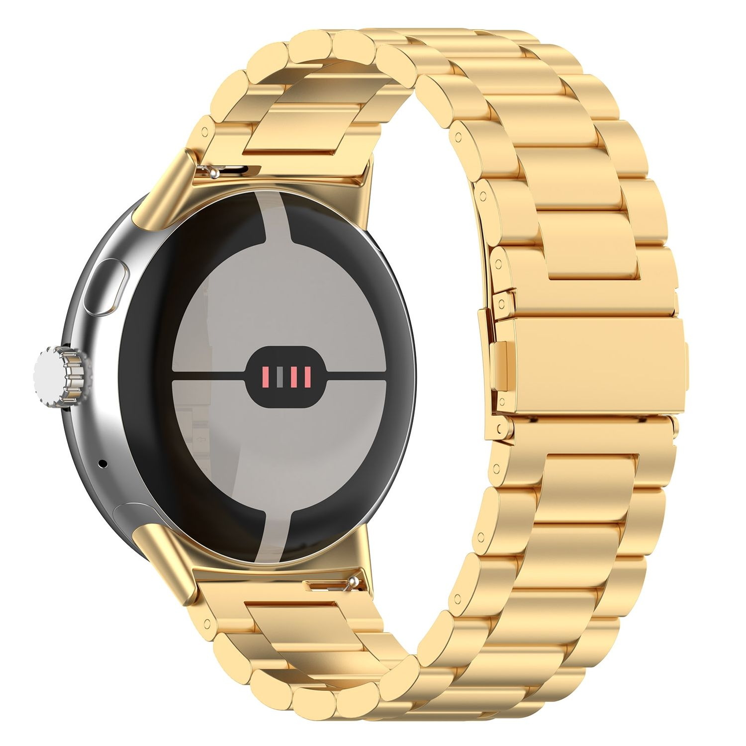 Eine goldene Uhr mit goldenem Armband. Die Rückseite zeigt Sensoren und Ladebereich.