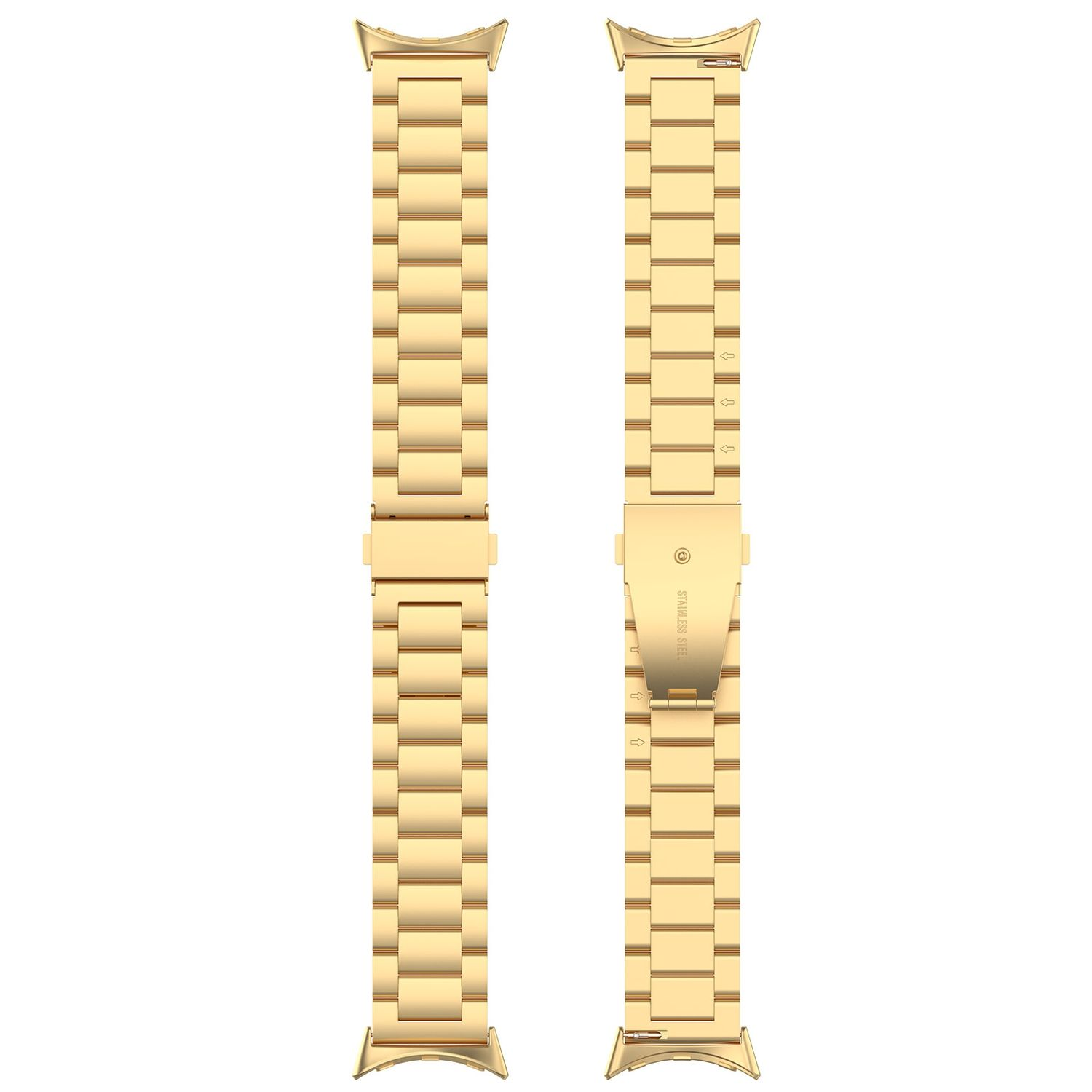 Zwei goldfarbene Uhrenarmbänder werden angezeigt. Jedes Armband besteht aus verbundenen Segmenten.