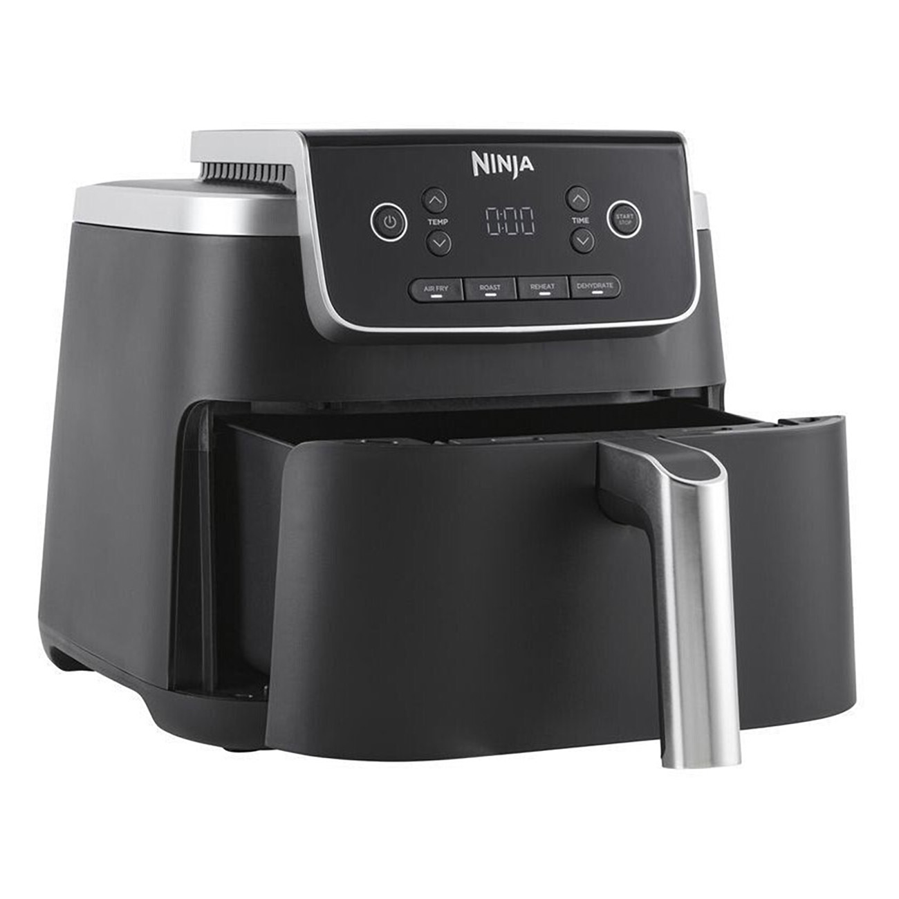 Czarna frytkownica beztłuszczowa Ninja z cyfrowym wyświetlaczem i przyciskami sterowania. Szuflada jest otwarta.