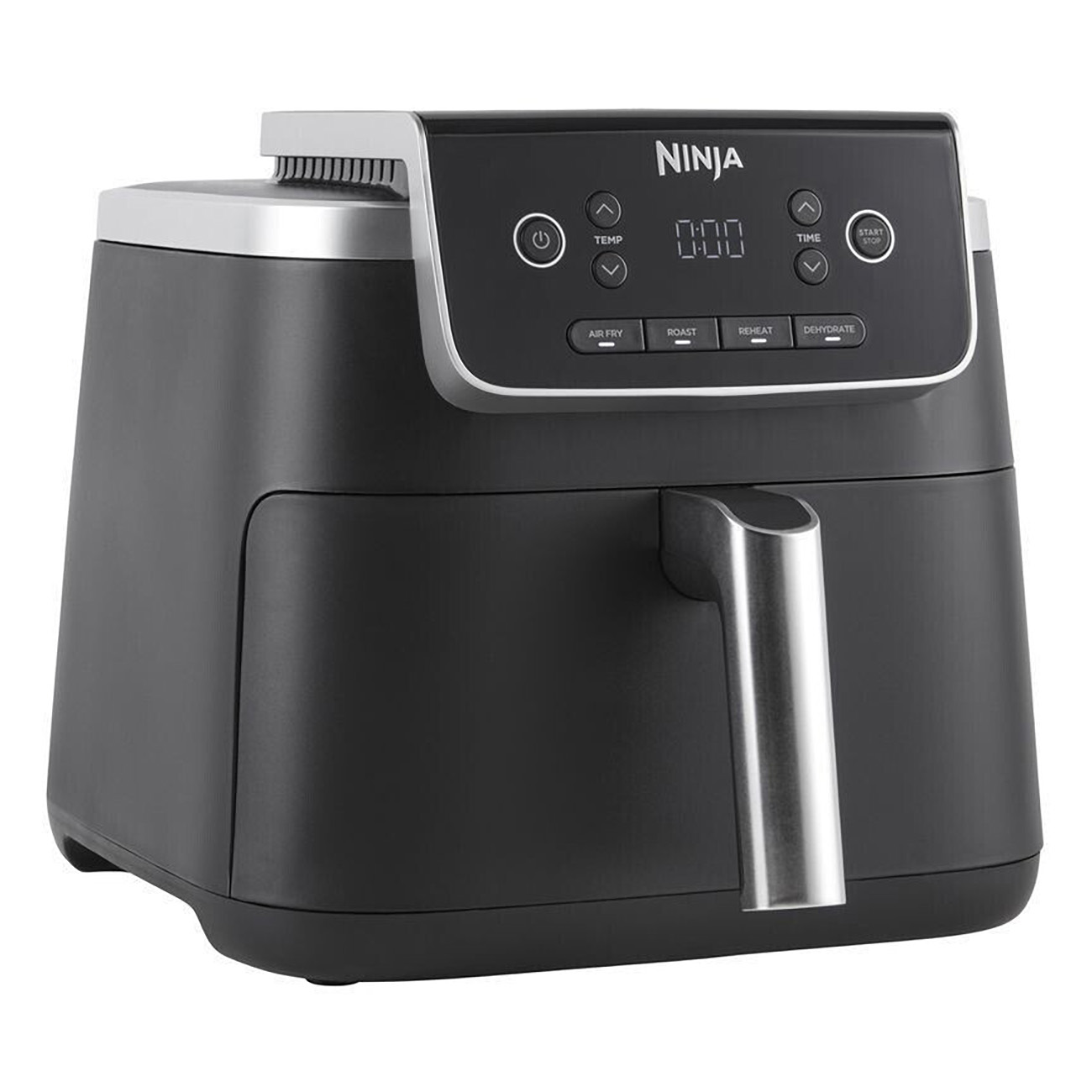 Czarna frytownica beztłuszczowa Ninja. Frytownica ma cyfrowy wyświetlacz, przyciski i uchwyt.