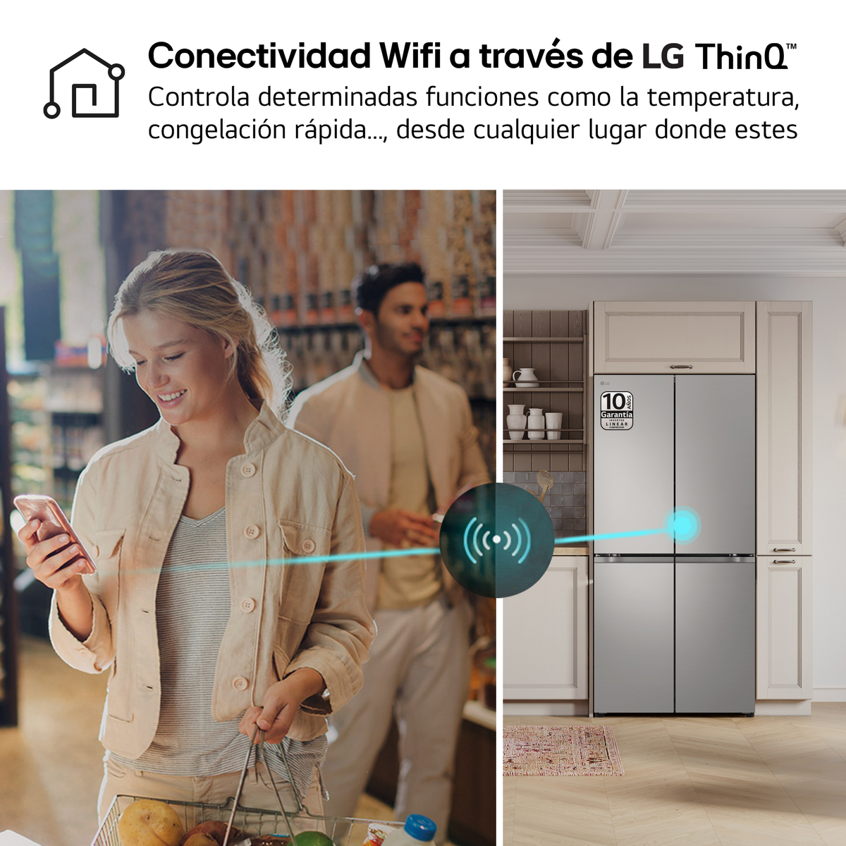 Kobieta i mężczyzna w sklepie spożywczym. Z prawej strony wyświetlana jest inteligentna lodówka z podpisem.