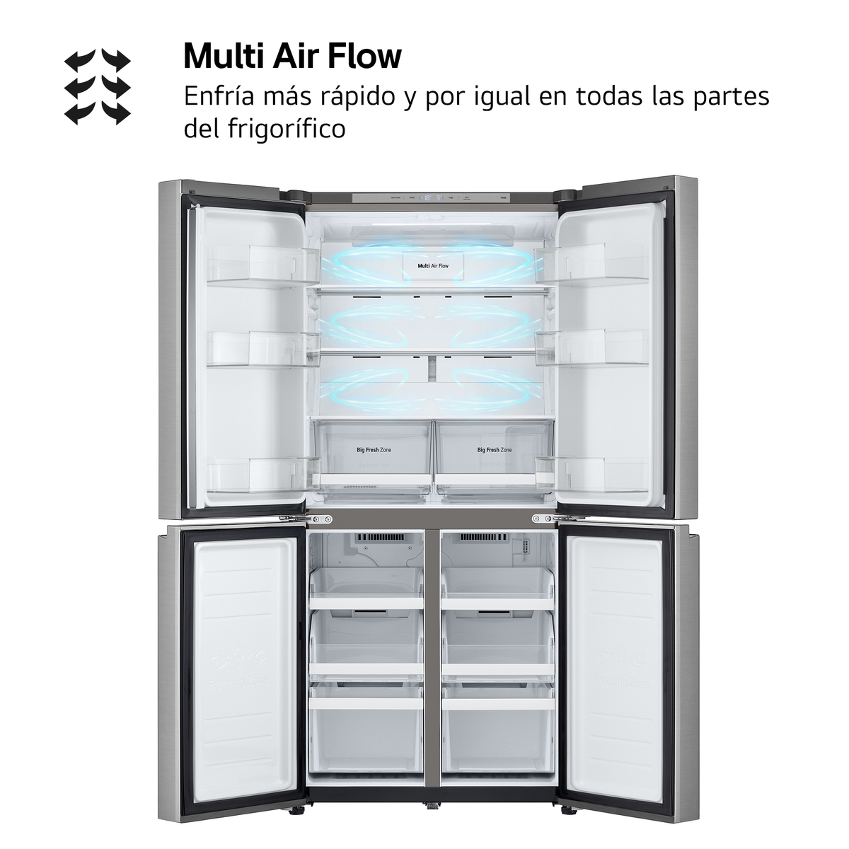 Otwarta lodówka z wieloma półkami i szufladami. Posiada system wieloprzepływowy powietrza.