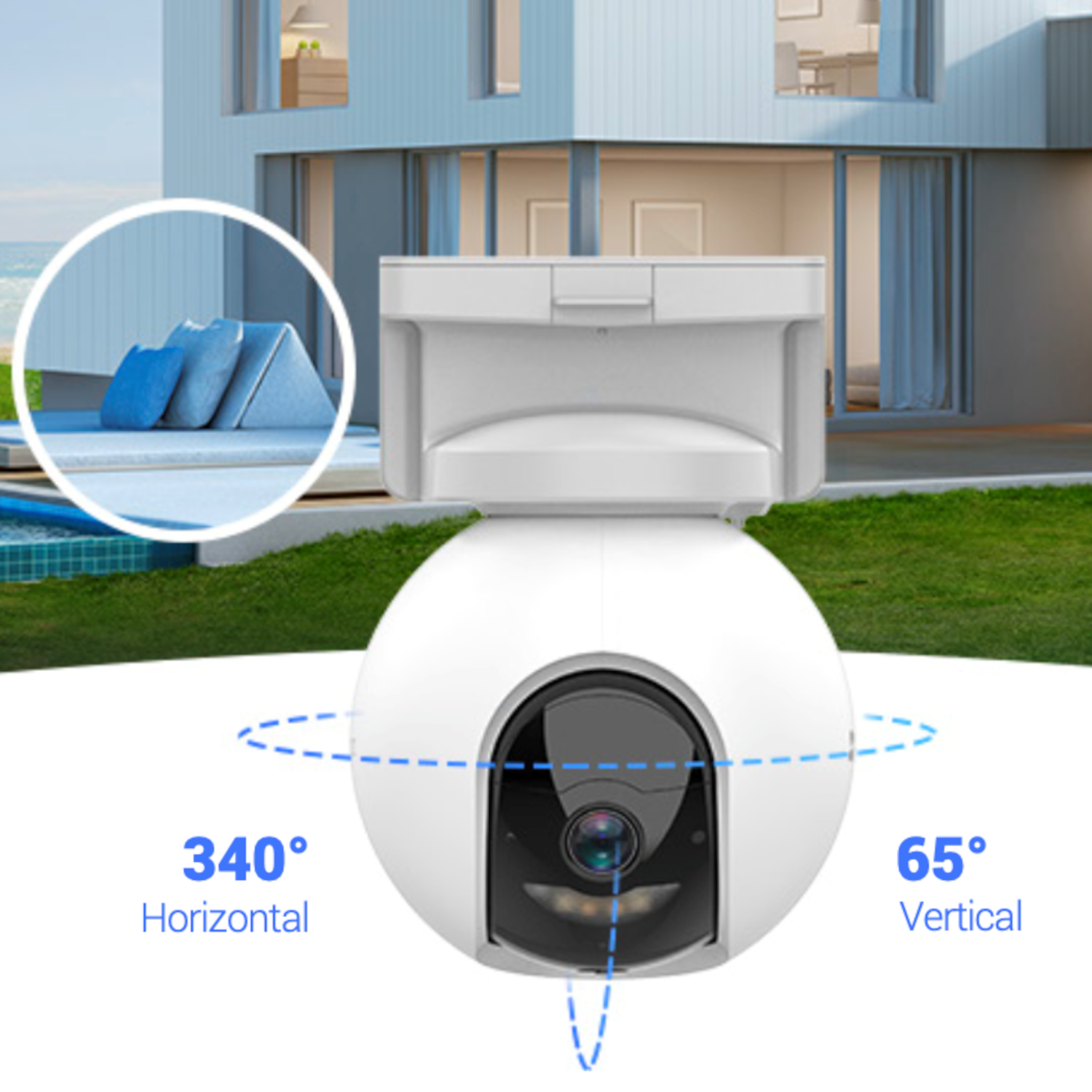 Biała kamera bezpieczeństwa z czarnym obiektywem, oznaczona 340° w poziomie i 65° w pionie.