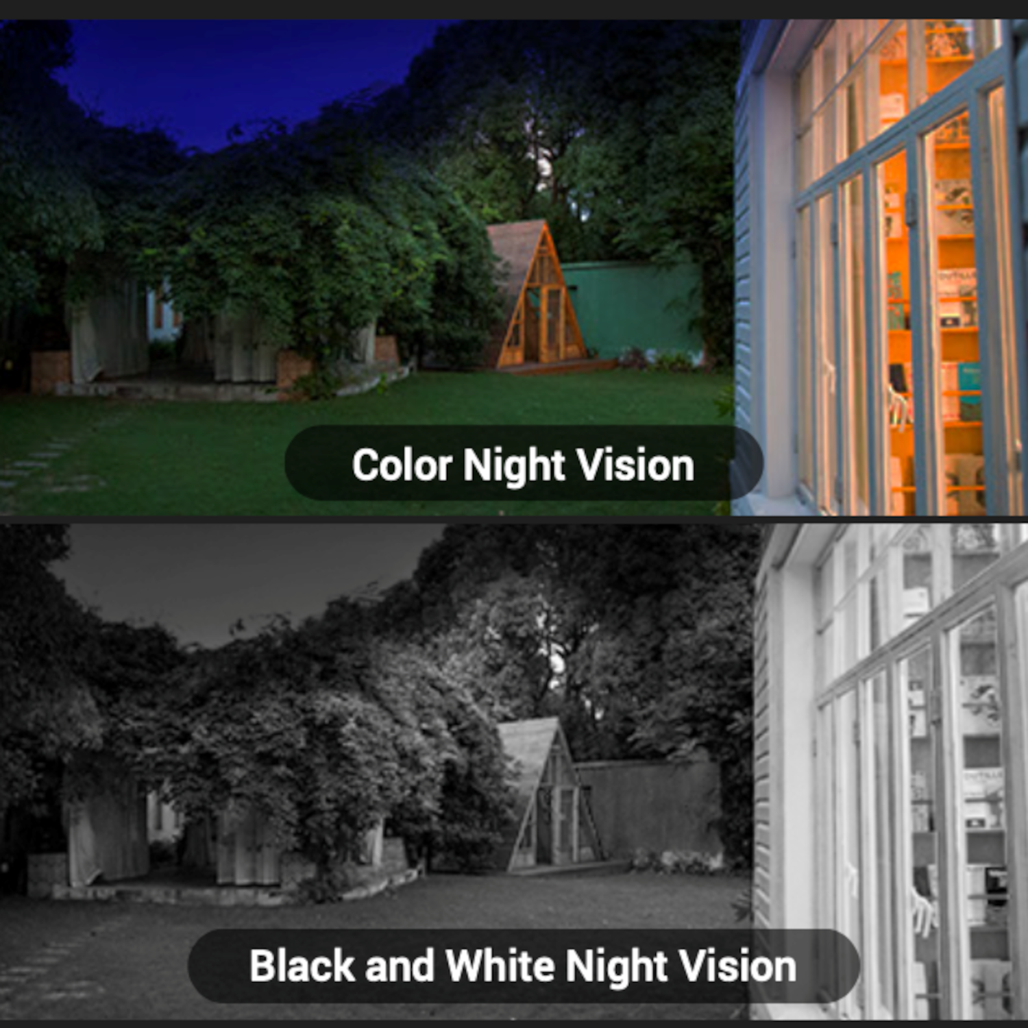 Obraz porównujący kolorowy i czarno-biały tryb noktowizji domu i otoczenia.