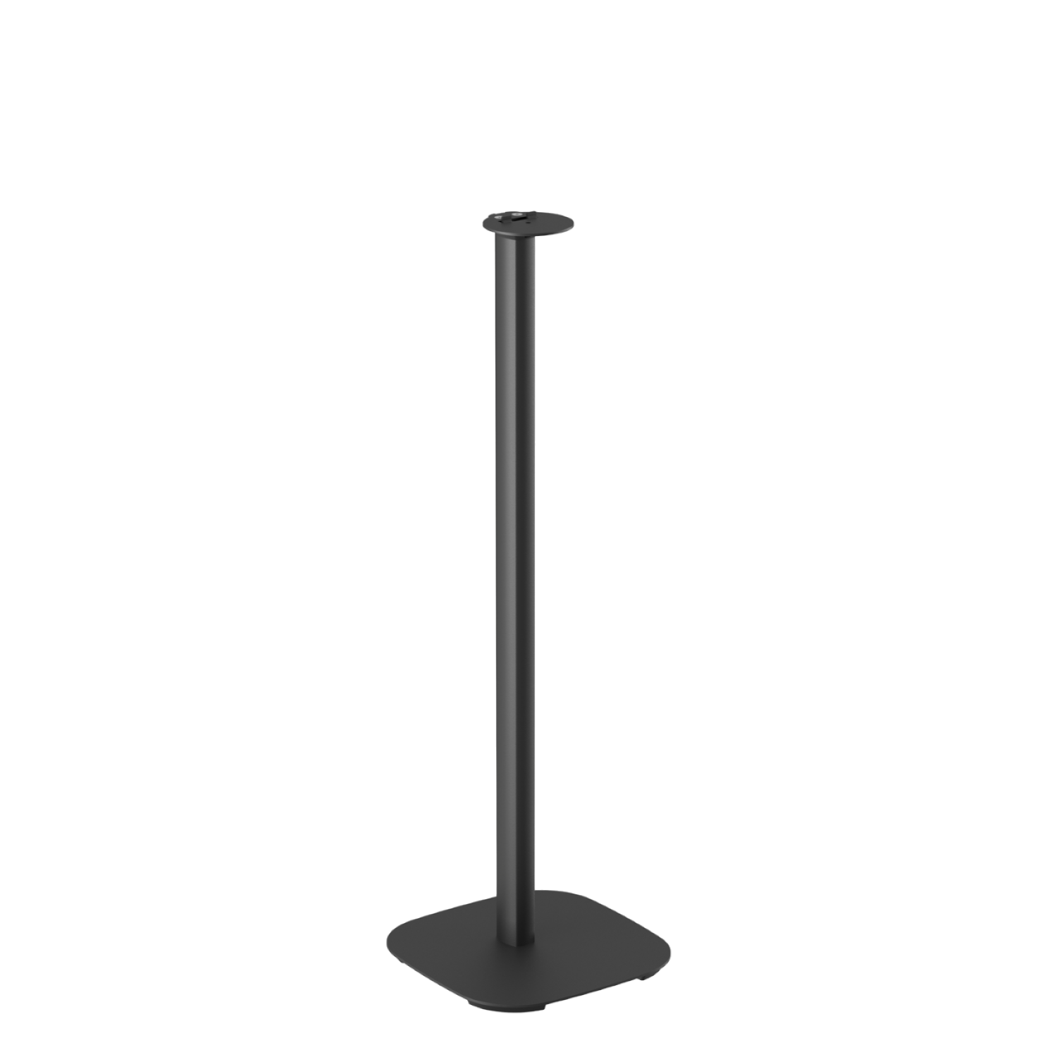 Support d'enceinte en métal noir avec une base carrée et un sommet circulaire.