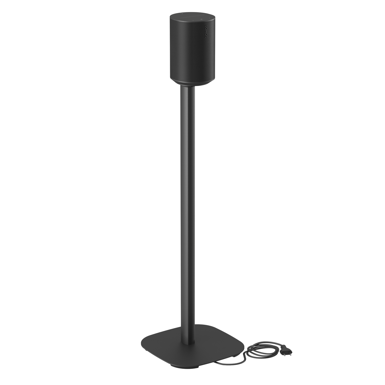 Enceinte Sonos noire sur un pied noir. L'enceinte est de forme cylindrique.