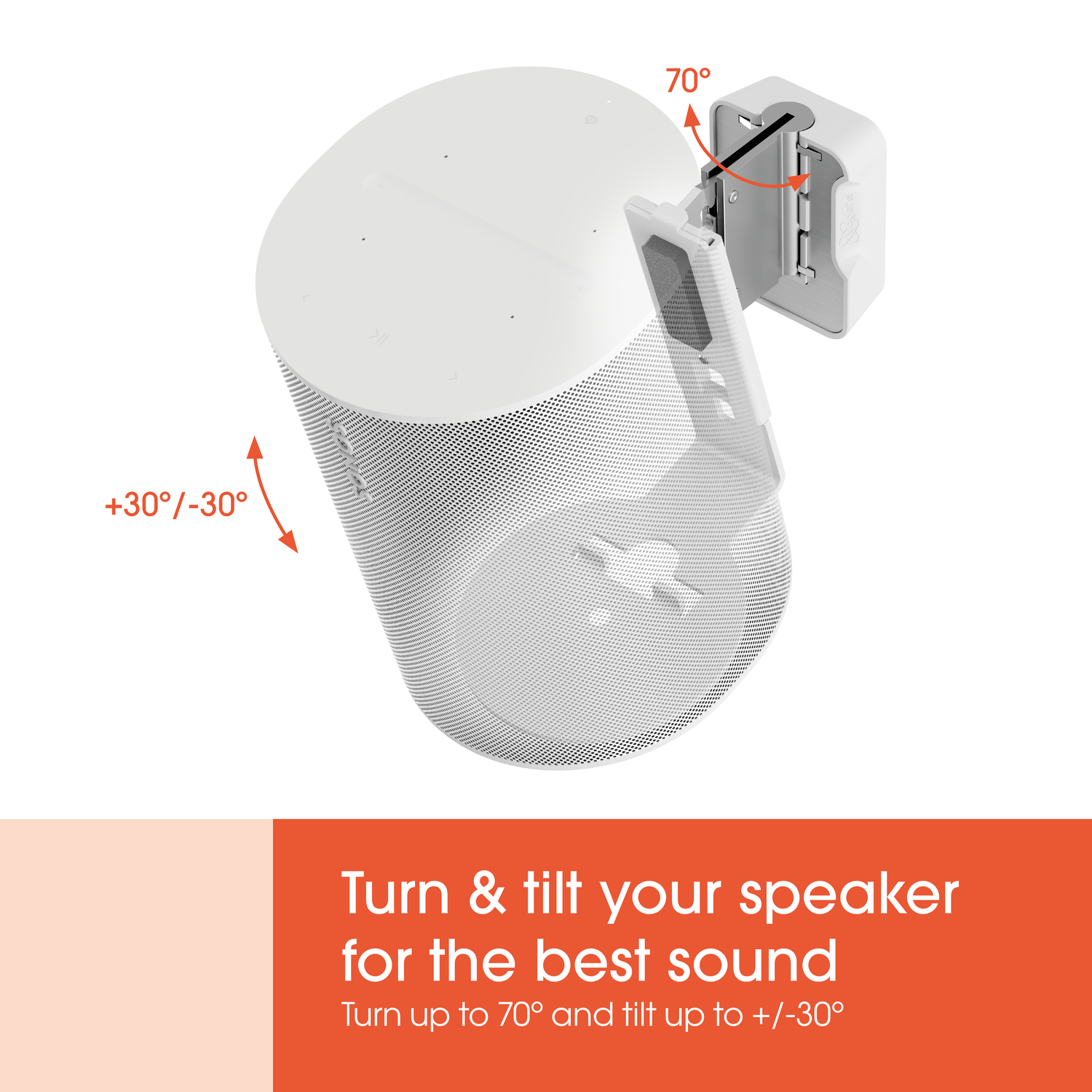 Altavoz blanco en un soporte blanco. Flechas muestran direcciones de inclinación y giro. Fondo naranja.