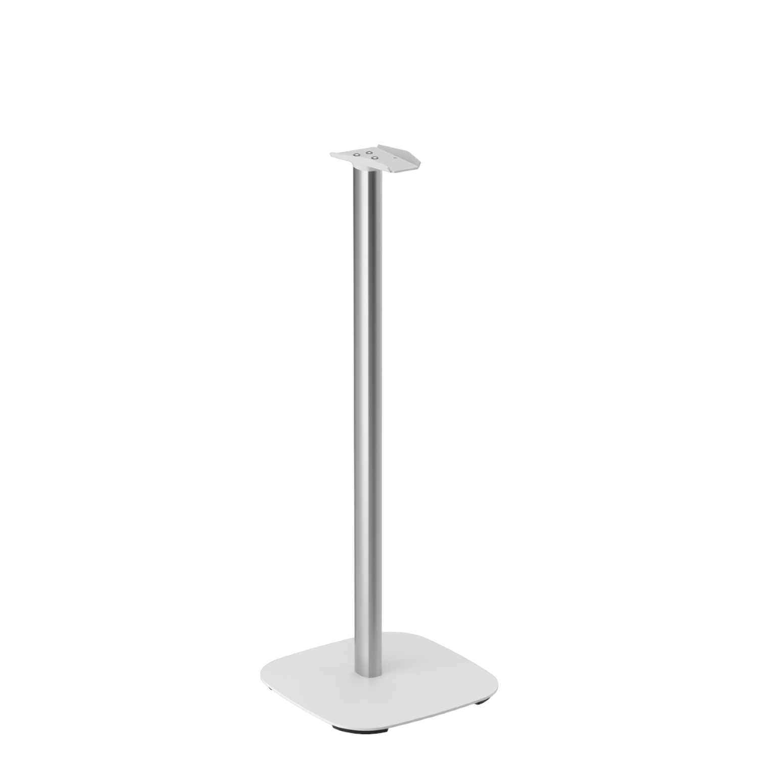 Srebrny stojak z kwadratową podstawą podtrzymującą pionowy słupek.
