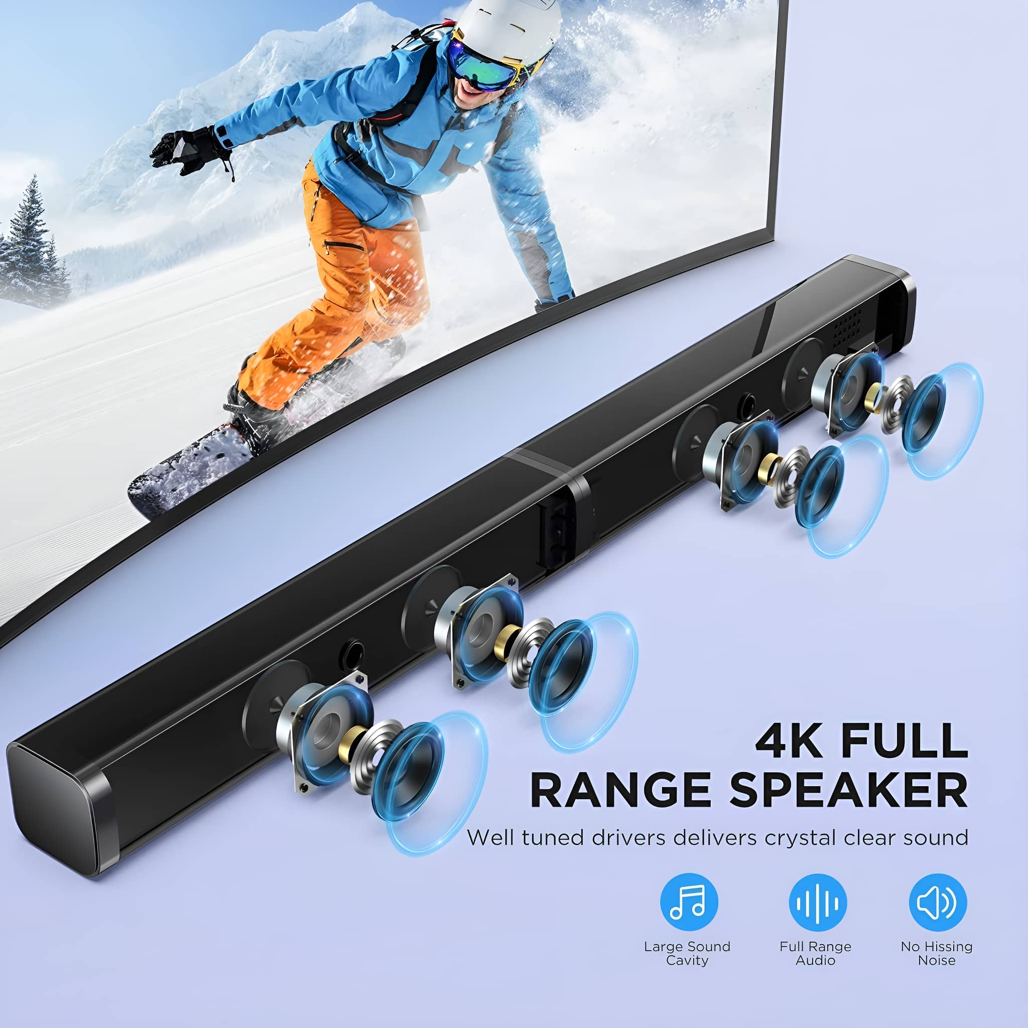 Schwarze Soundbar mit Lautsprecherdetails. Blaue Lichteffekte. Text: 4K Full Range Lautsprecher.