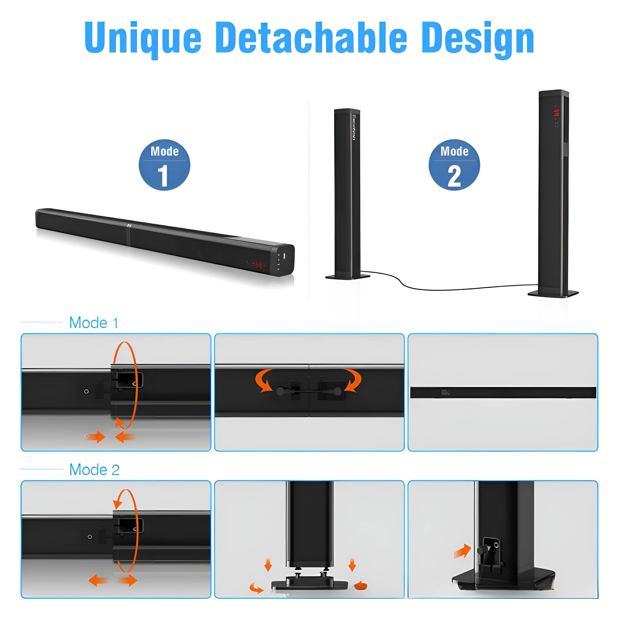 Schwarze Soundbar und zwei schwarze Turmlautsprecher, in verschiedenen Modi gezeigt.