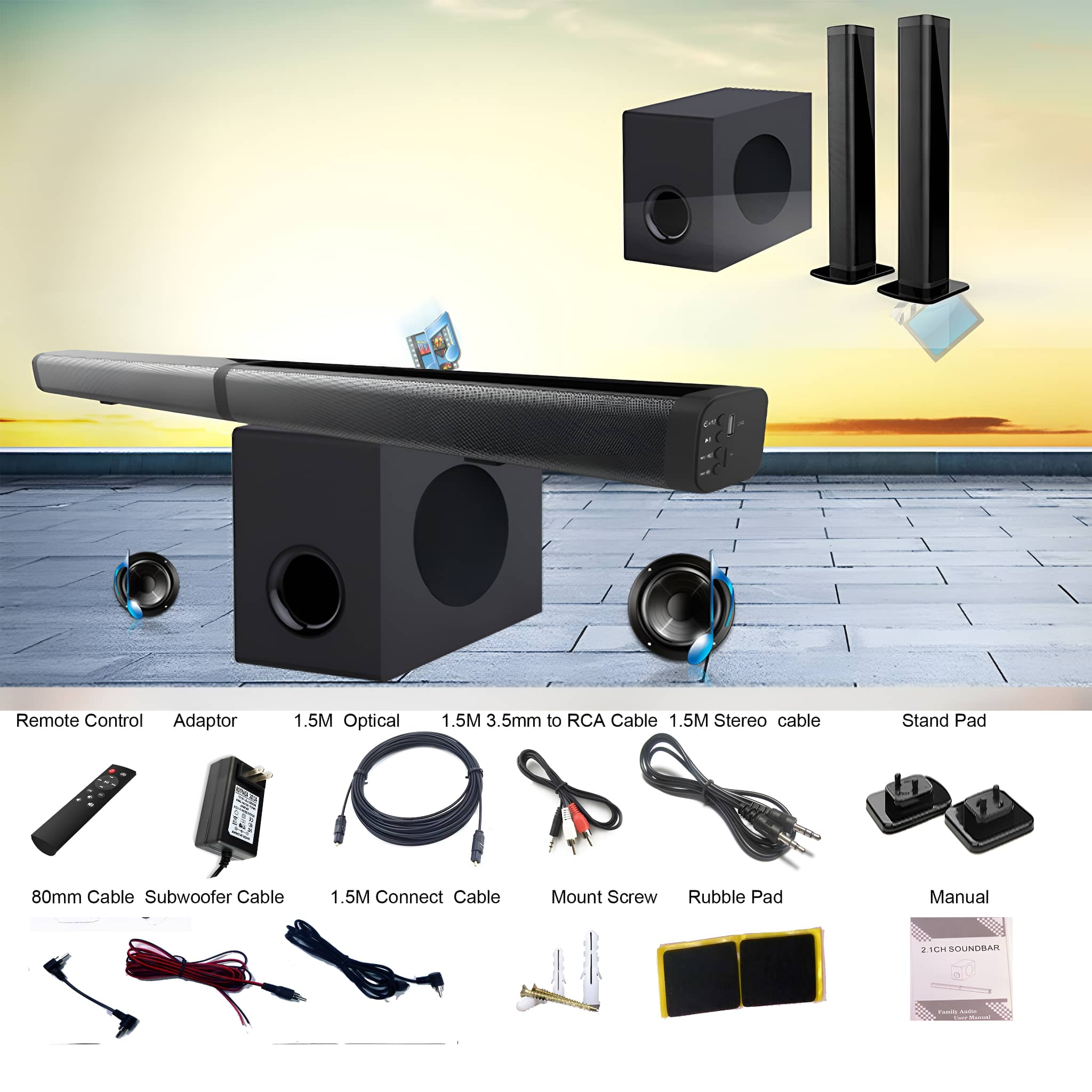 Soundbar, Subwoofer und zwei Turmlautsprecher. Zubehör umfasst Kabel, Fernbedienung und Netzteil auf einem Dach.