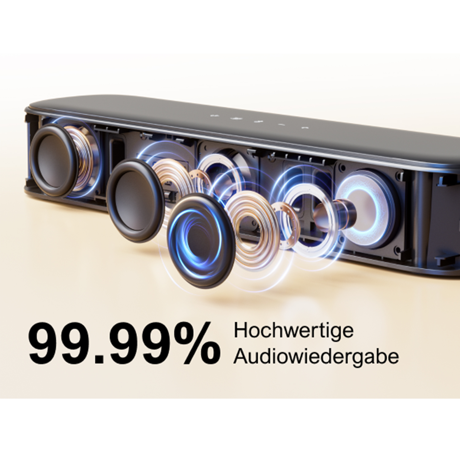 Schwarze Soundbar mit Innenspeakern. Grafiken zeigen hochwertige Audioausgabe.