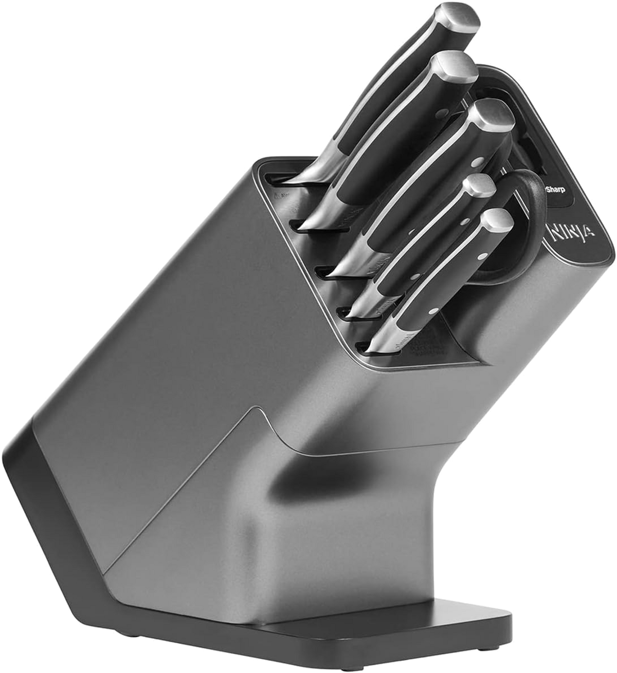 Un bloque de cuchillos gris que contiene un juego de cuchillos con mango negro.