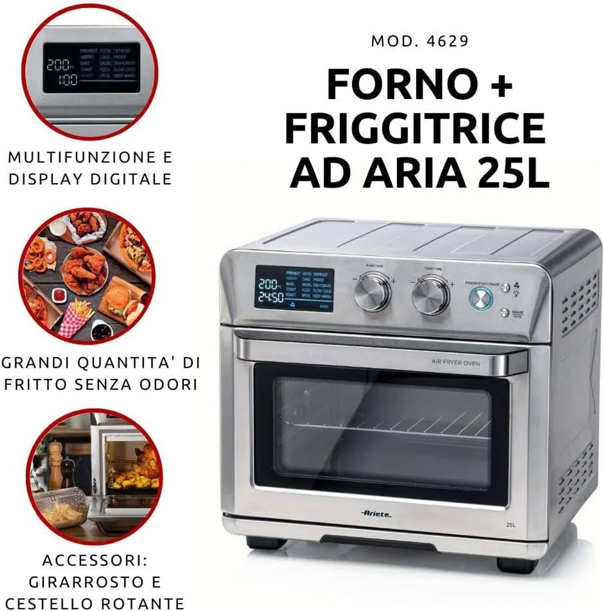Horno freidora de aire plateado con pantalla digital e imágenes de comida. Texto en italiano.