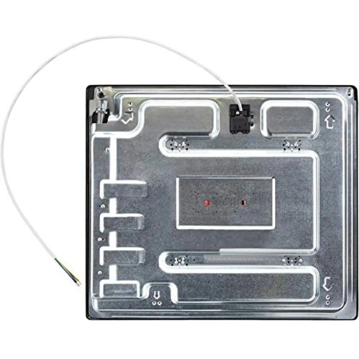 Spód srebrnego urządzenia kuchennego z podłączonym kablem, pokazujący elementy wewnętrzne.