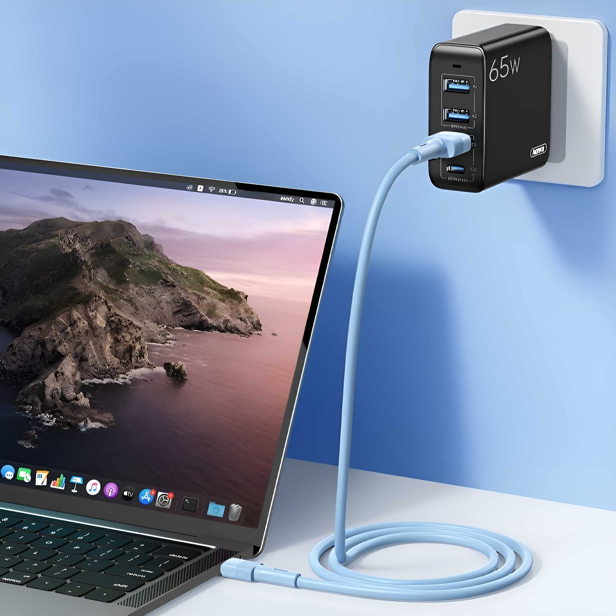 Schwarzes Ladegerät an der Wand und einem Laptop, mit hellblauem Kabel.