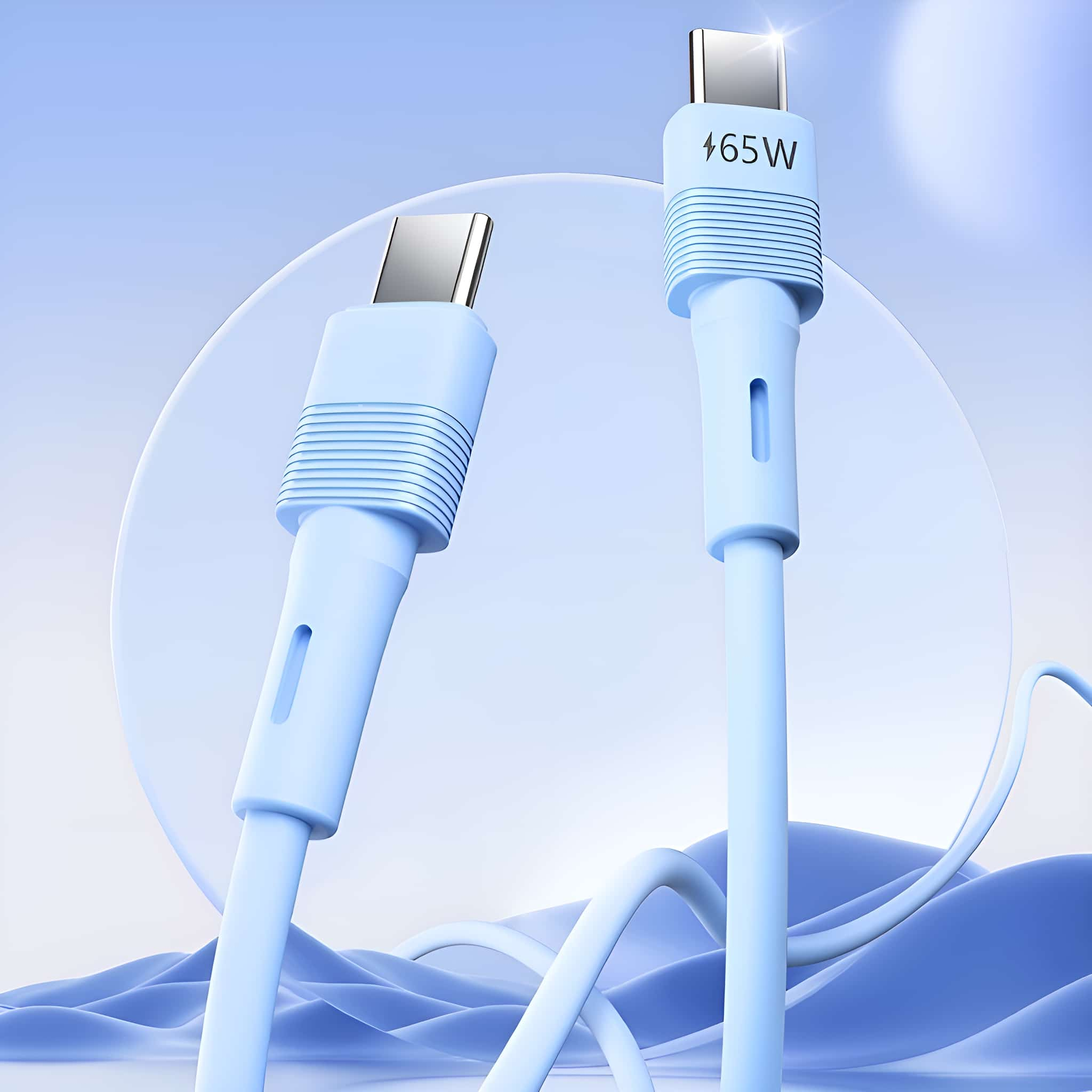 Zwei hellblaue USB-C-Kabel mit transparentem Kreis. Die Kabel sind mit +65W beschriftet.