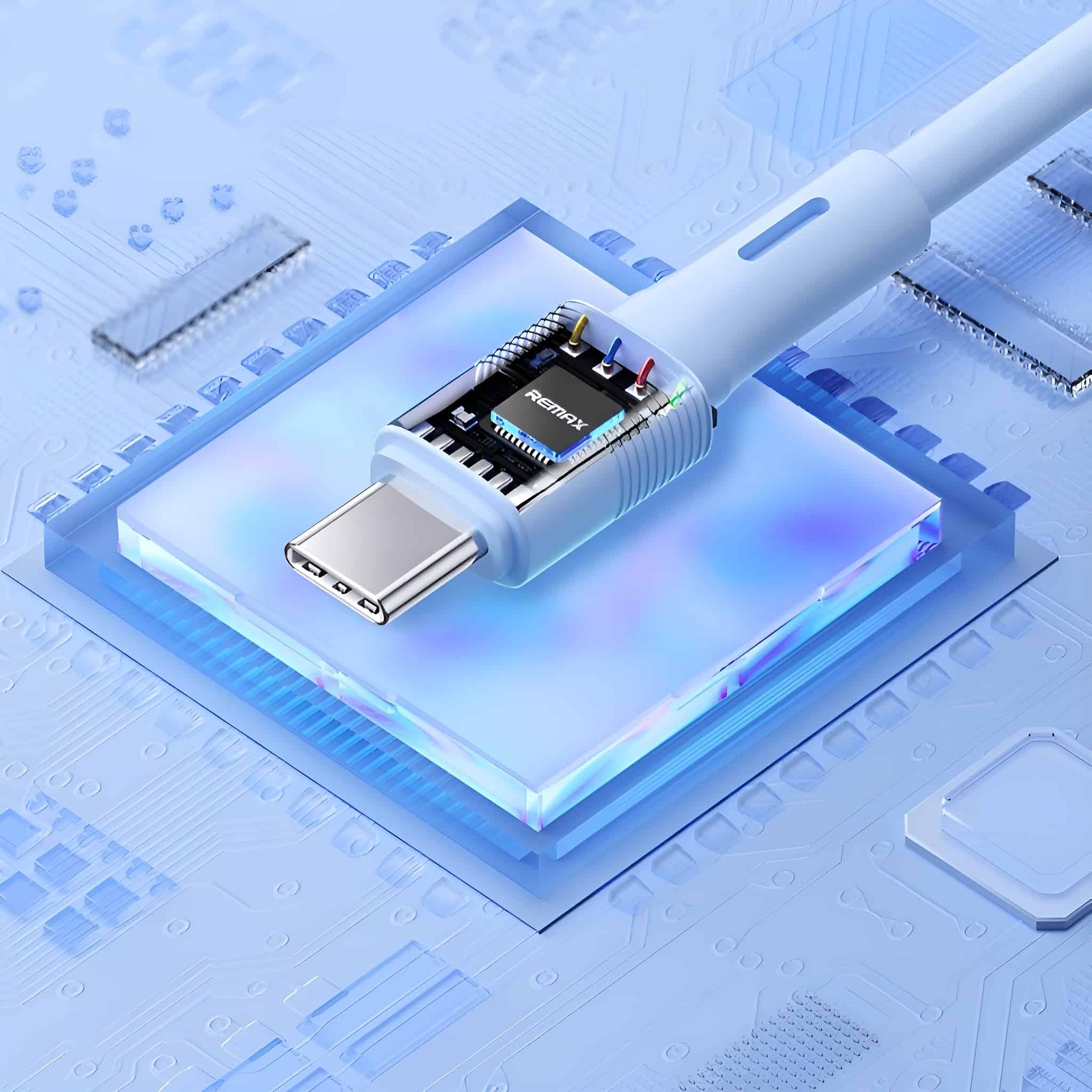Ein USB-C-Kabel mit transparentem Blick auf seine inneren Komponenten auf einer Platine.