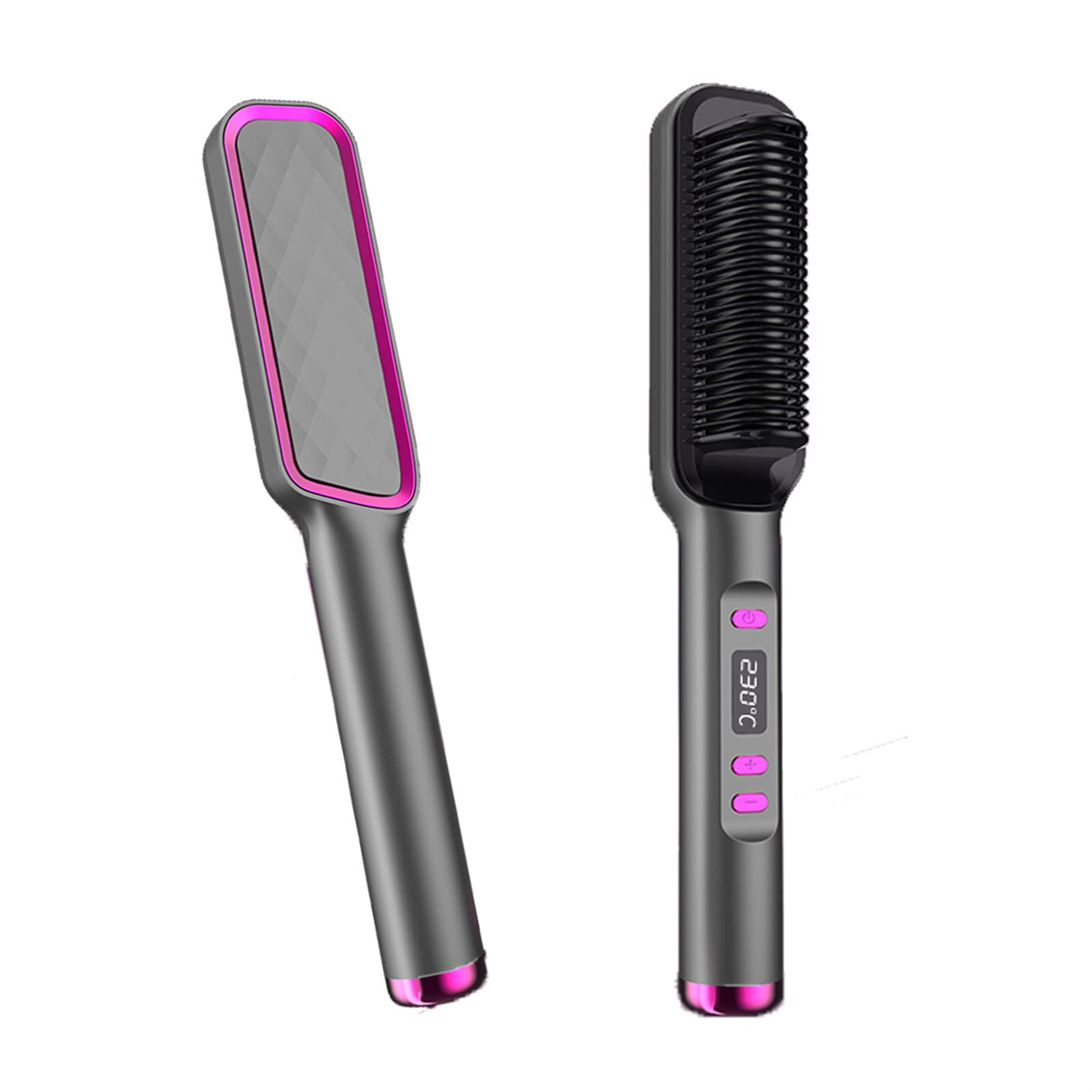 Zwei Haarglätter: einer mit rosa Kante und einer mit Digitalanzeige, auf Weiß.