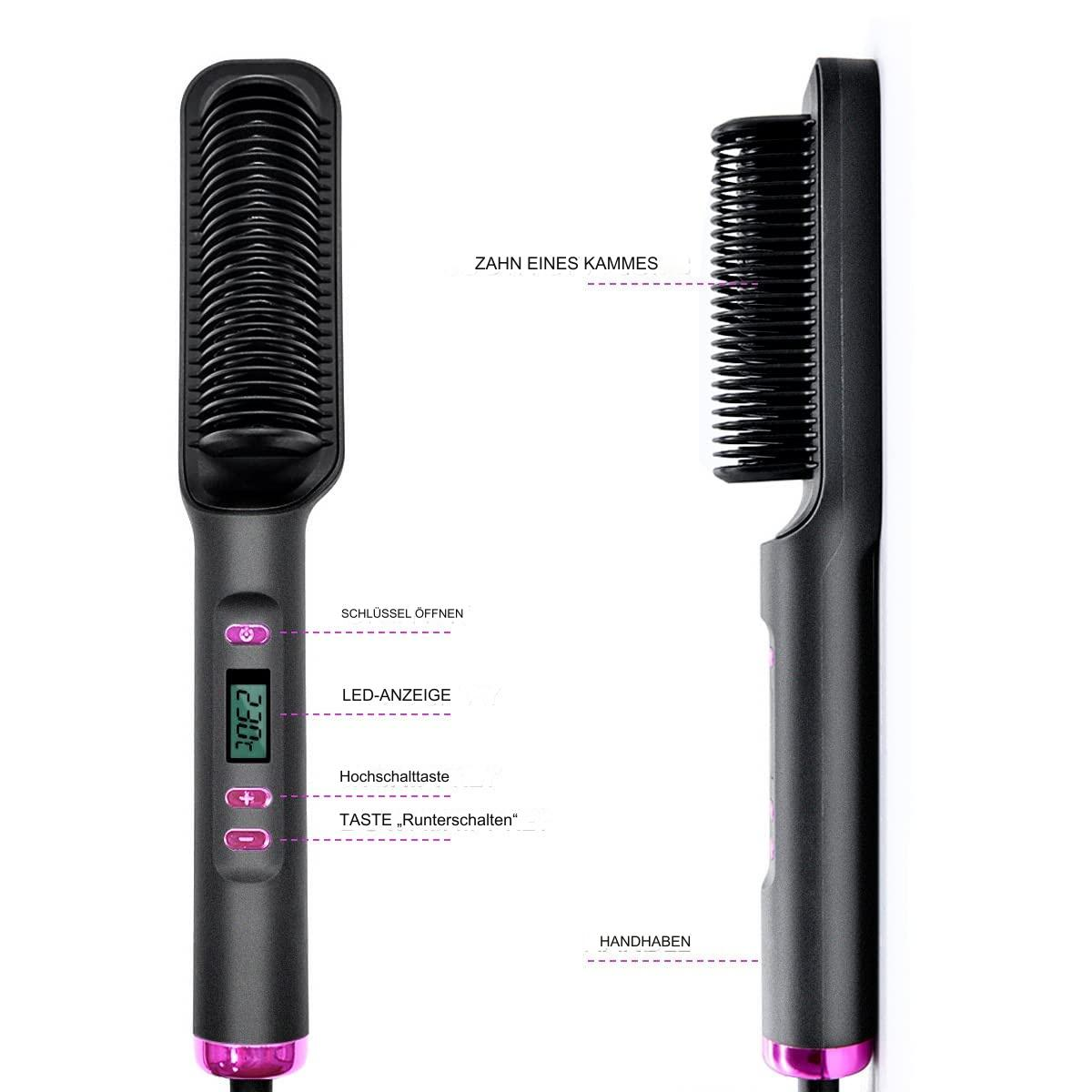 Haarglättungsbürste, schwarz mit rosa Akzenten. Zeigt den Bürstenkopf und die Bedienelemente.
