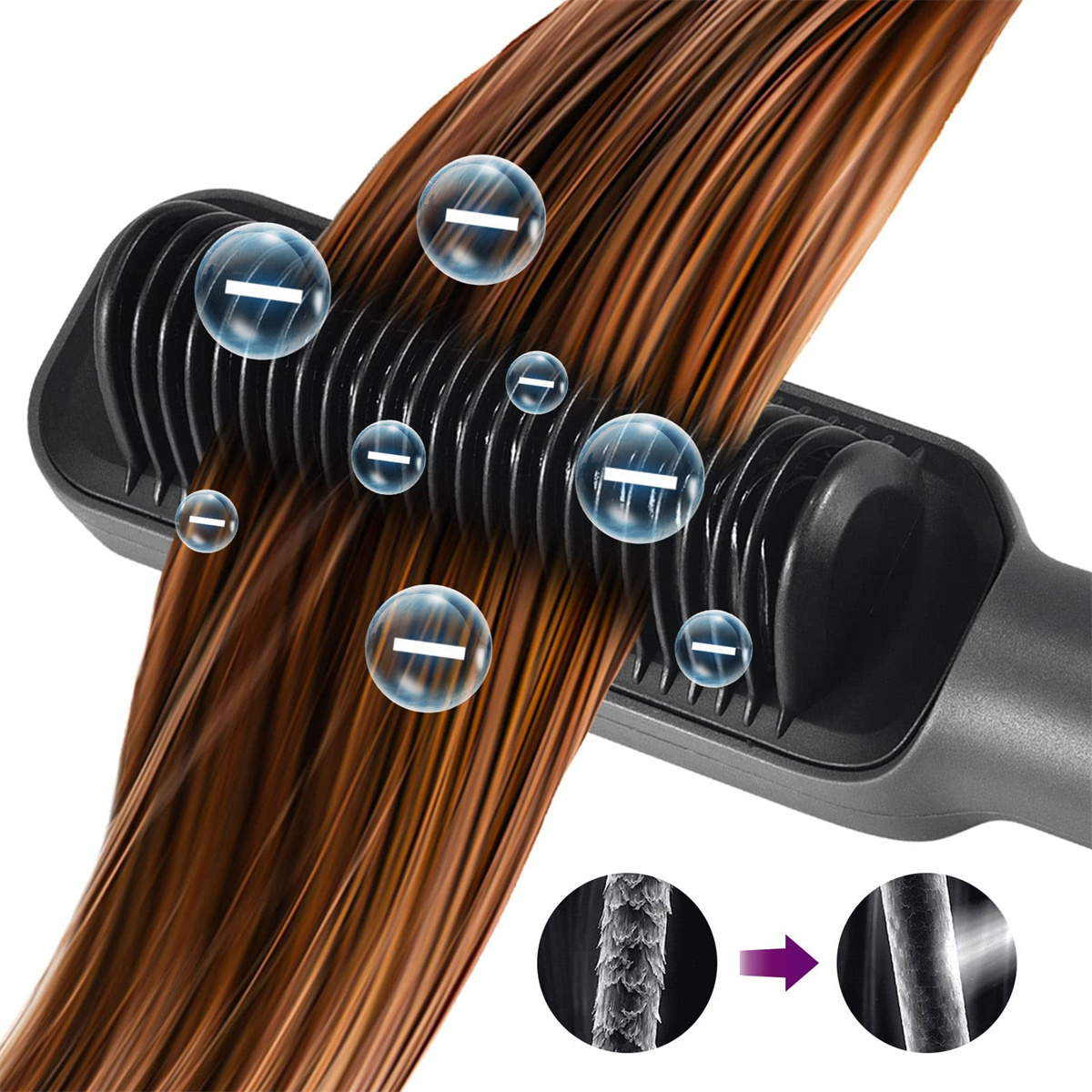 Haare werden geglättet. Glättbürste. Blasen schweben herum. Haarstrukturvergleich.