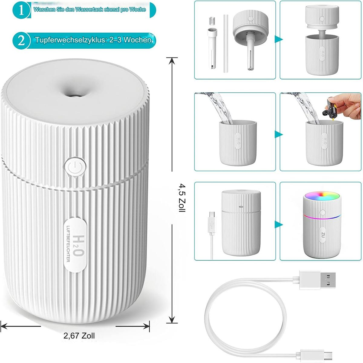 Weißer Luftbefeuchter mit Abmessungen und Anweisungen. Enthält ein USB-Kabel und eine Teilezeichnung.