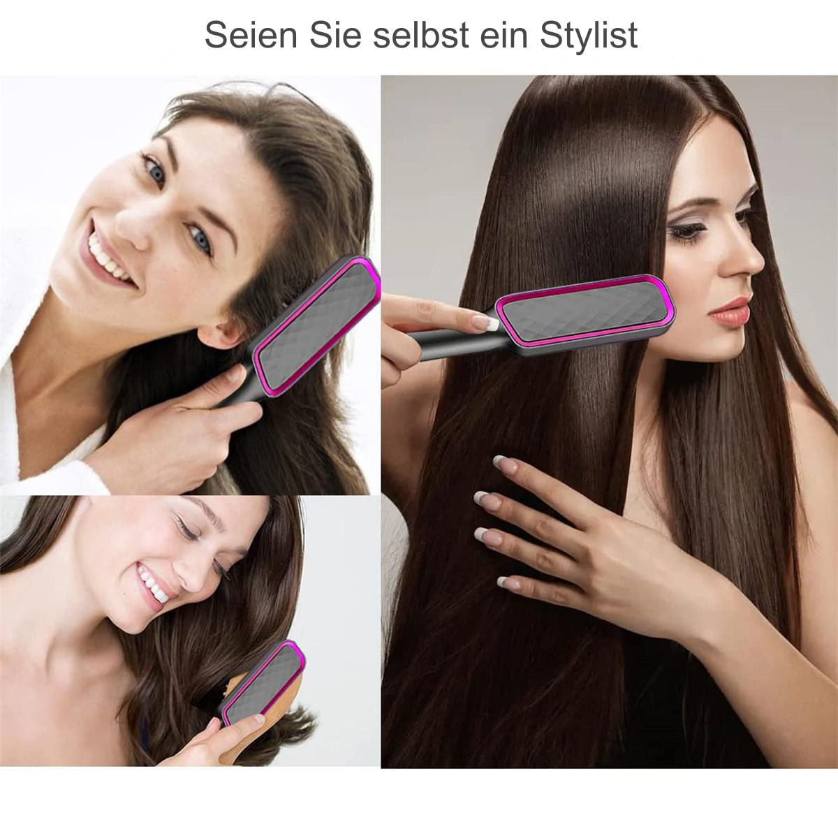 Frau benutzt eine Haarglättungsbürste in einer Reihe von Bildern, die ein Haarstyling-Produkt bewerben.