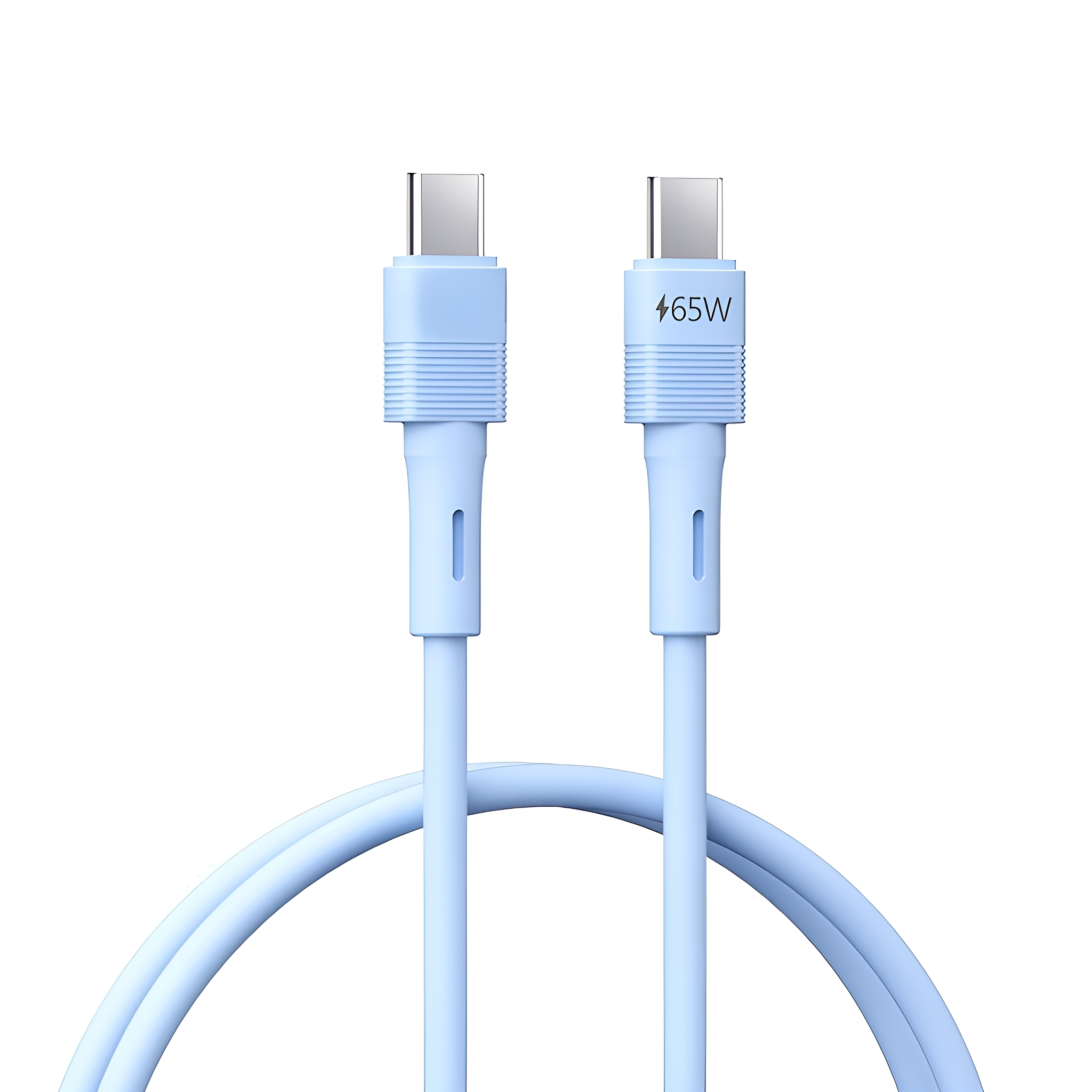 Hellblaue USB-C-Kabel mit Anschlüssen. Der Hintergrund ist weiß.