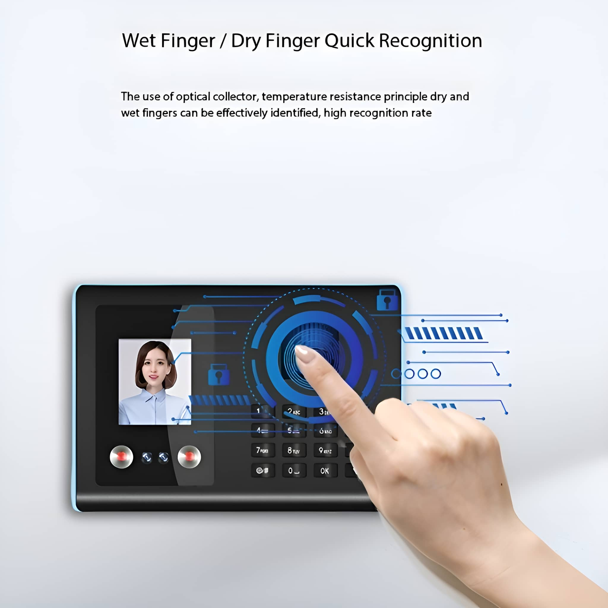 Touchscreen-Gerät, das von einer Person berührt wird. Das Gesicht einer Frau wird gezeigt.