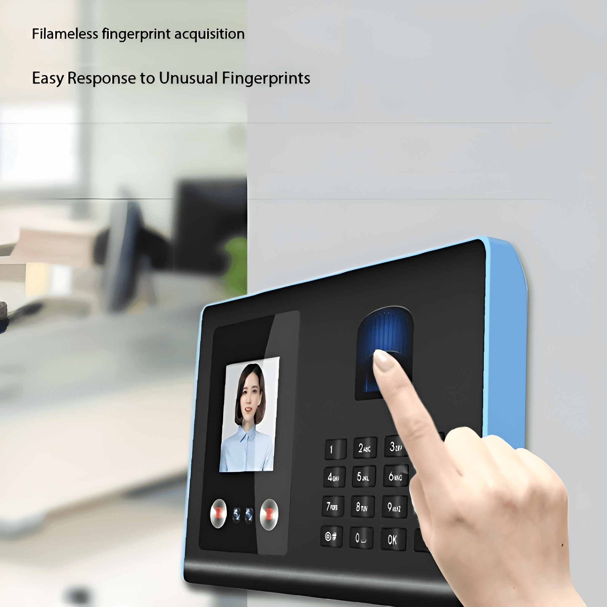 Biometrisches Gerät mit Foto einer Frau, eine Hand berührt den Fingerabdruckleser.
