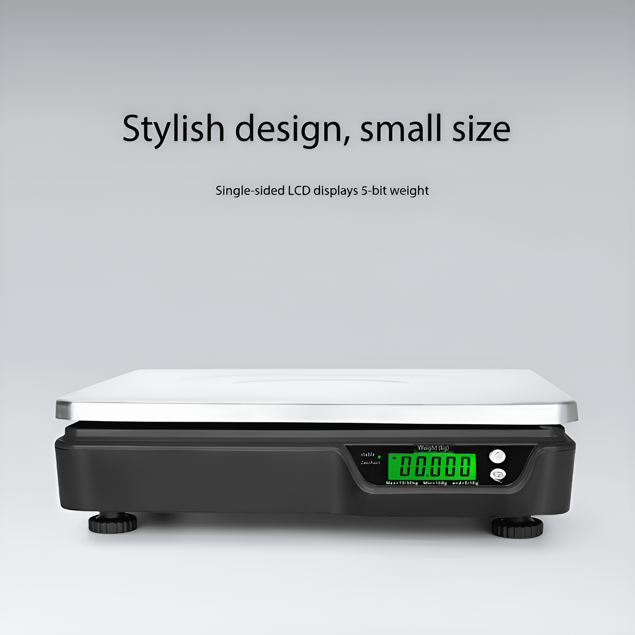 Eine Digitalwaage mit schwarzem Sockel, silberner Wiegeplatte und grünem Display.