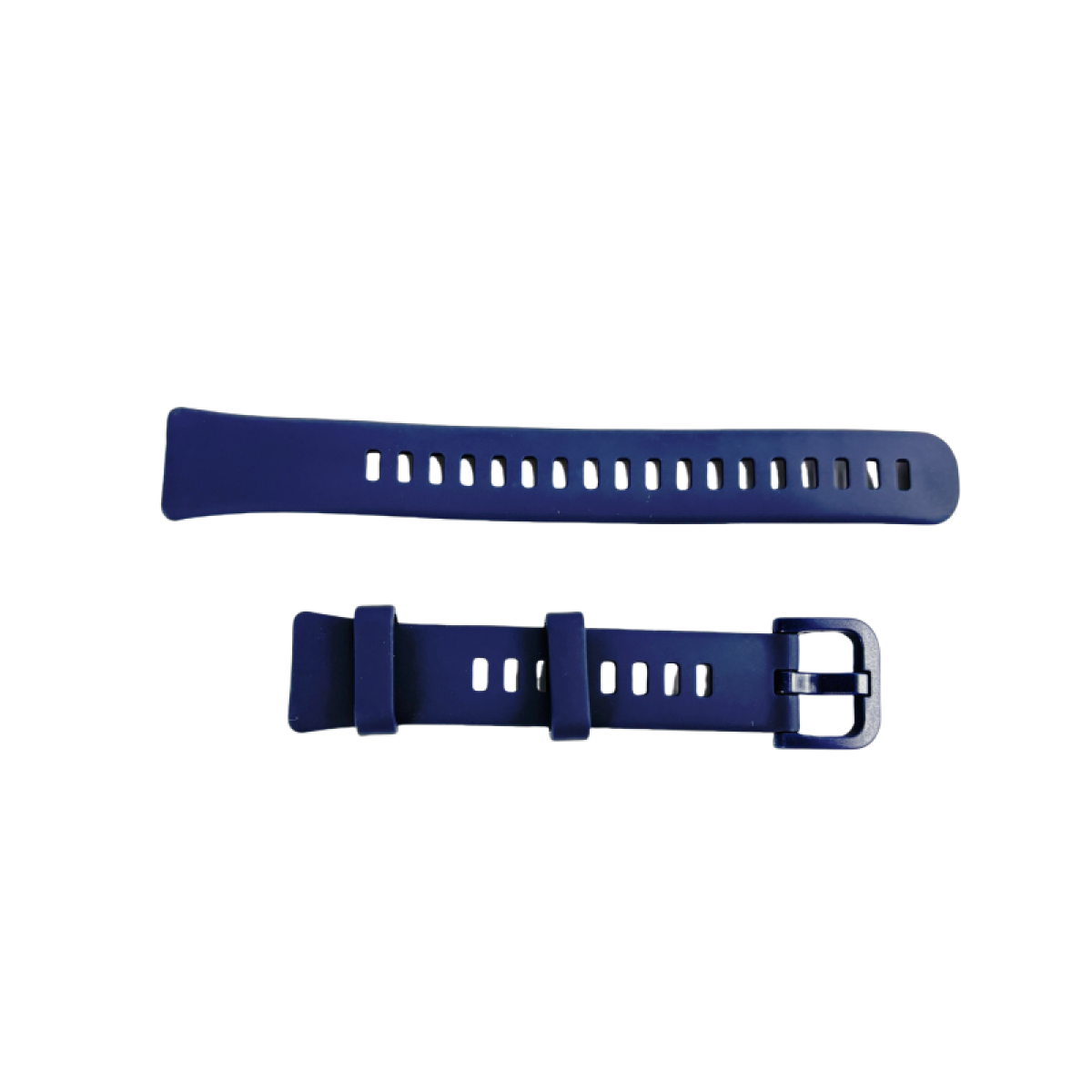 Dwa granatowe paski do zegarków leżą obok siebie. Jeden ma dziury, drugi sprzączkę.