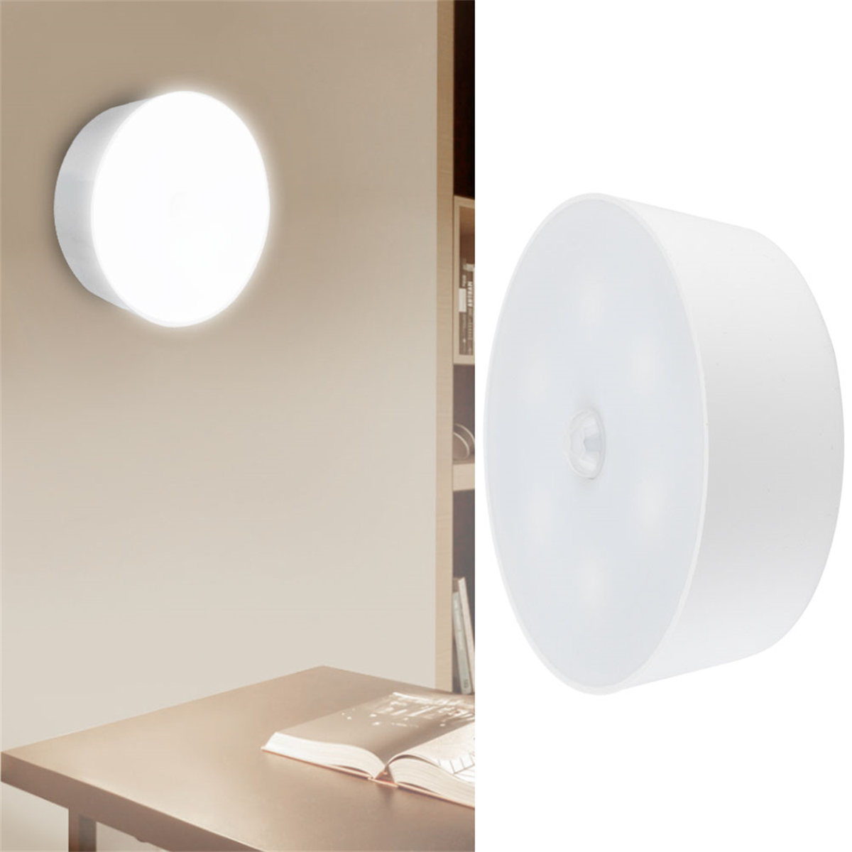 Weißes rundes Wandlicht links, und eine Ansicht in das Licht rechts. Die Wand ist beige.