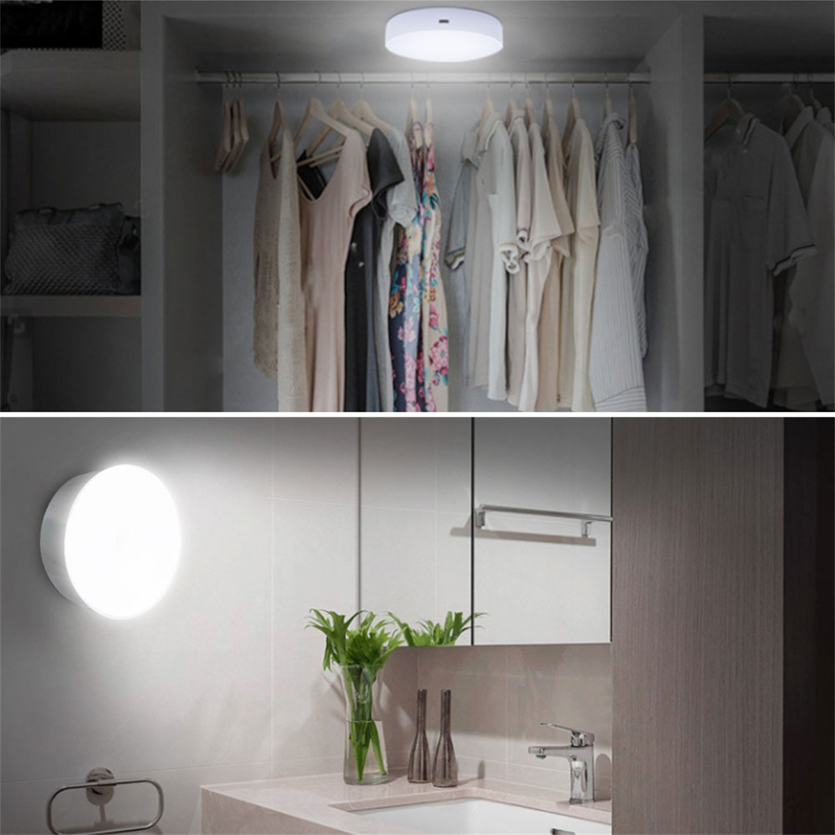 Zwei Bilder: Ein rundes, weißes Licht in einem Schrank und ein Badezimmer mit ähnlichem Licht.