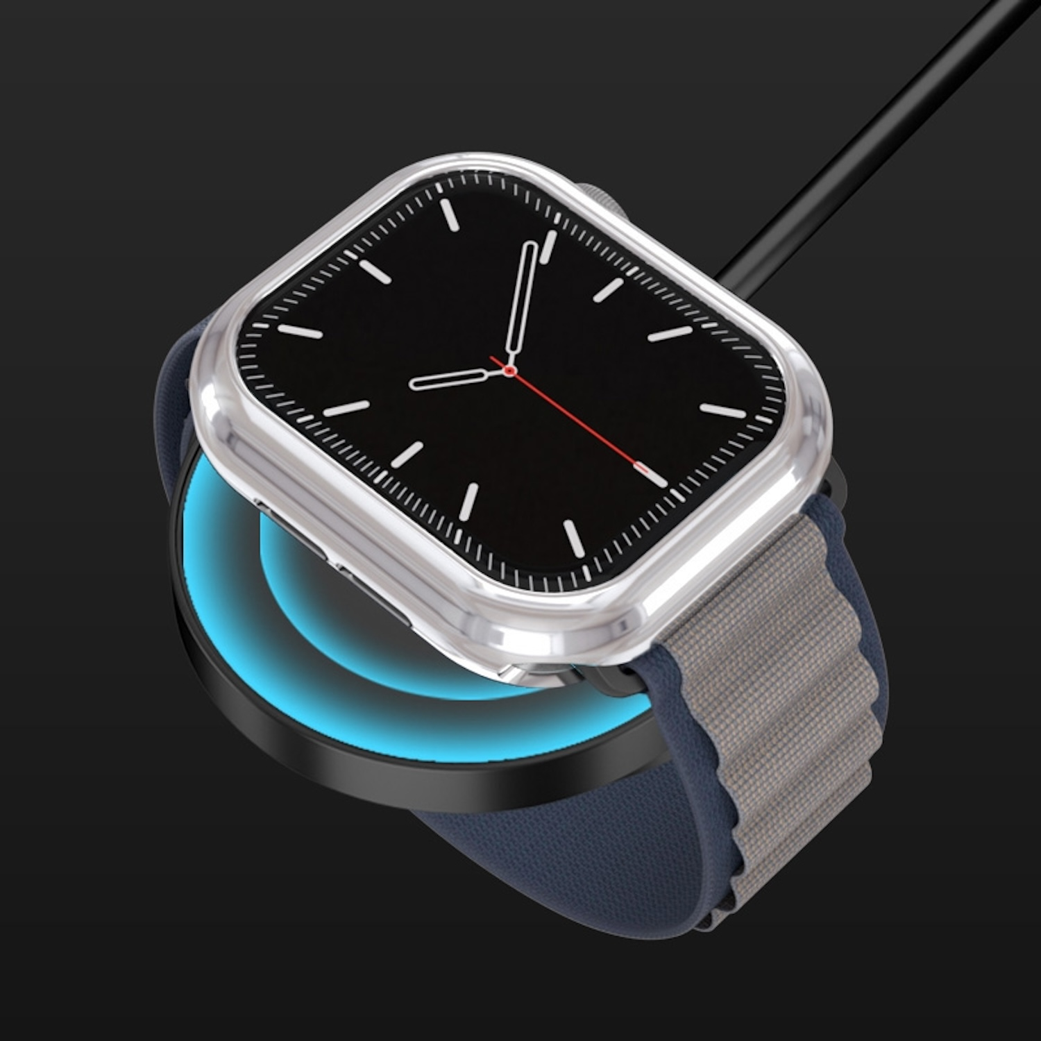 Eine silberne Smartwatch liegt auf einem Ladepad. Die Uhr hat einen schwarzen Bildschirm und ein blaues Armband.