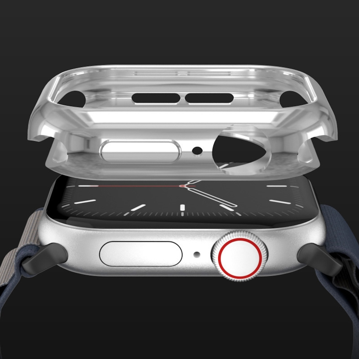 Silberne Apple Watch mit transparenter Hülle, die das Zifferblatt und die Knöpfe zeigt.