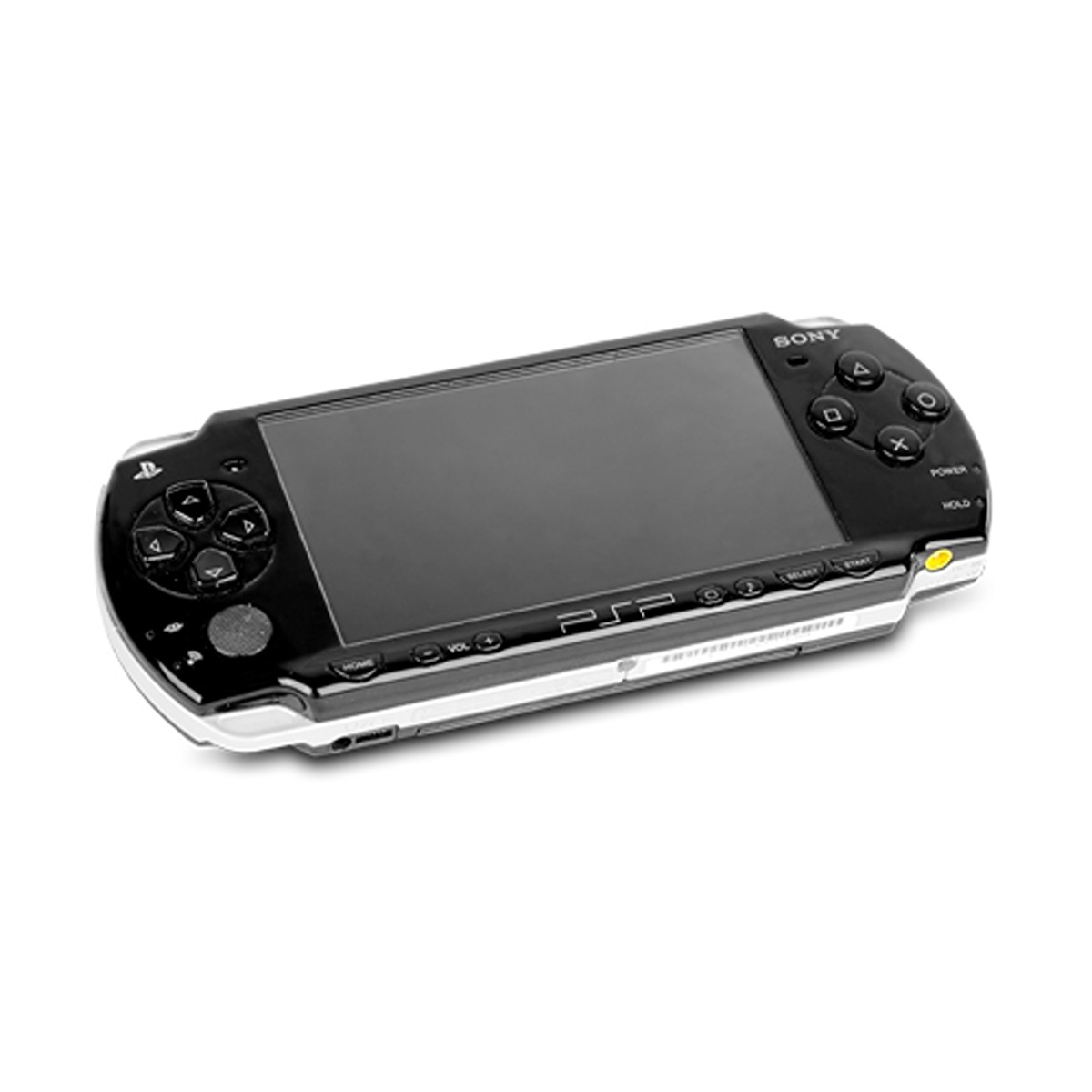 Schwarze Sony PSP-Konsole. Schwarzer Bildschirm mit Tasten. Silberne Einfassung. Weißer Hintergrund.