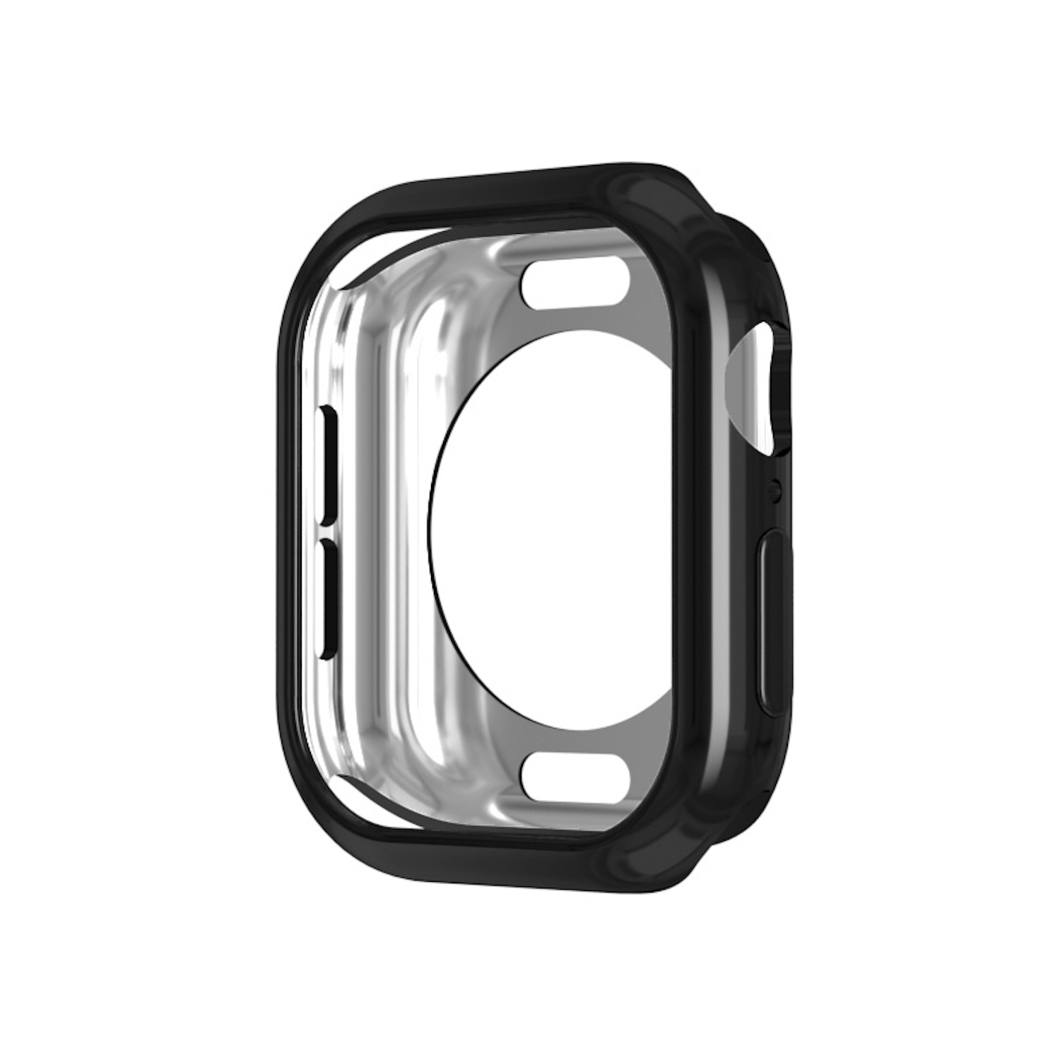 Schwarzes Uhrengehäuse mit transparentem Zentrum. Das Gehäuse hat ein schlankes, modernes Design.