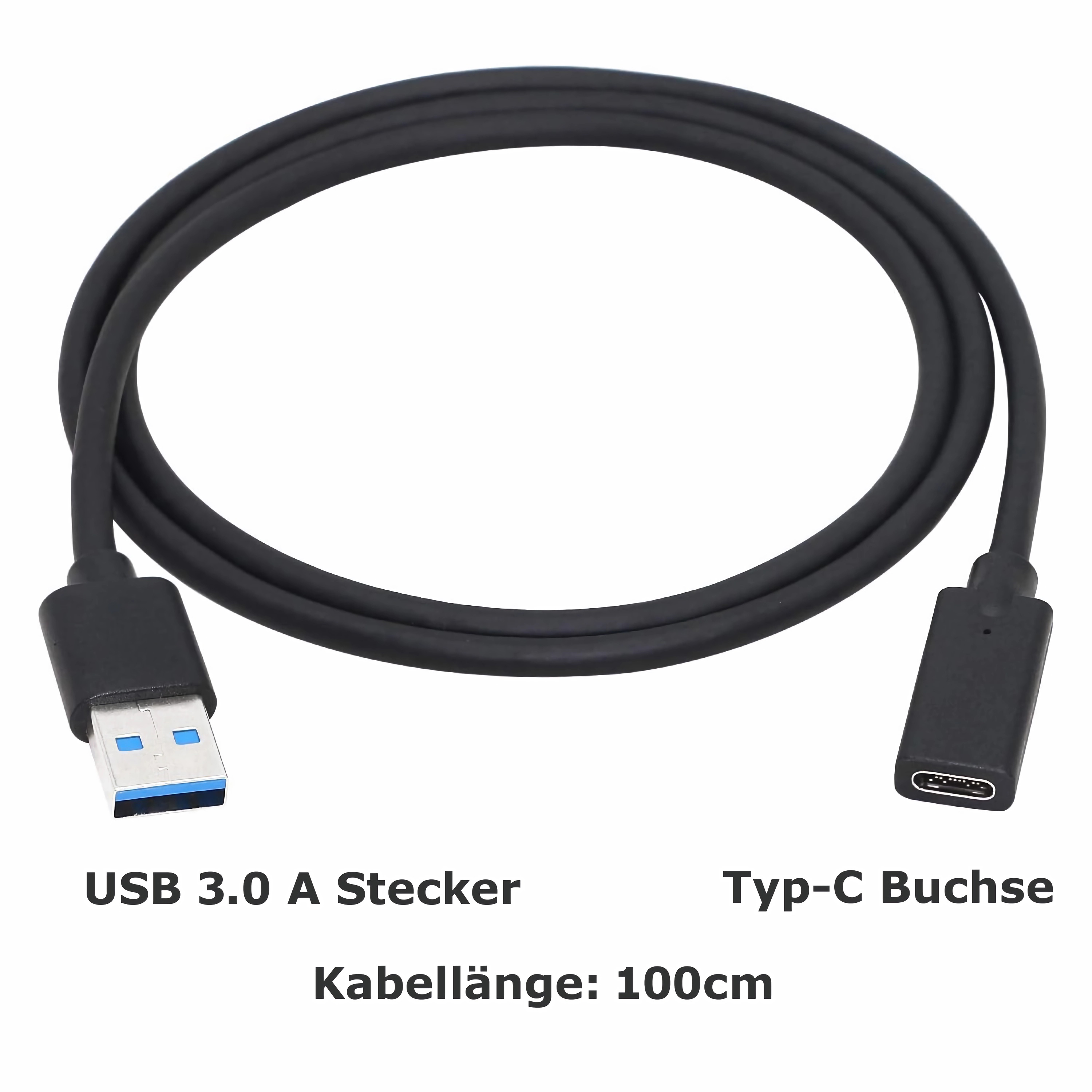 Schwarzer USB 3.0 A-Stecker zu einer schwarzen Typ-C-Buchse. Kabel 100cm lang.
