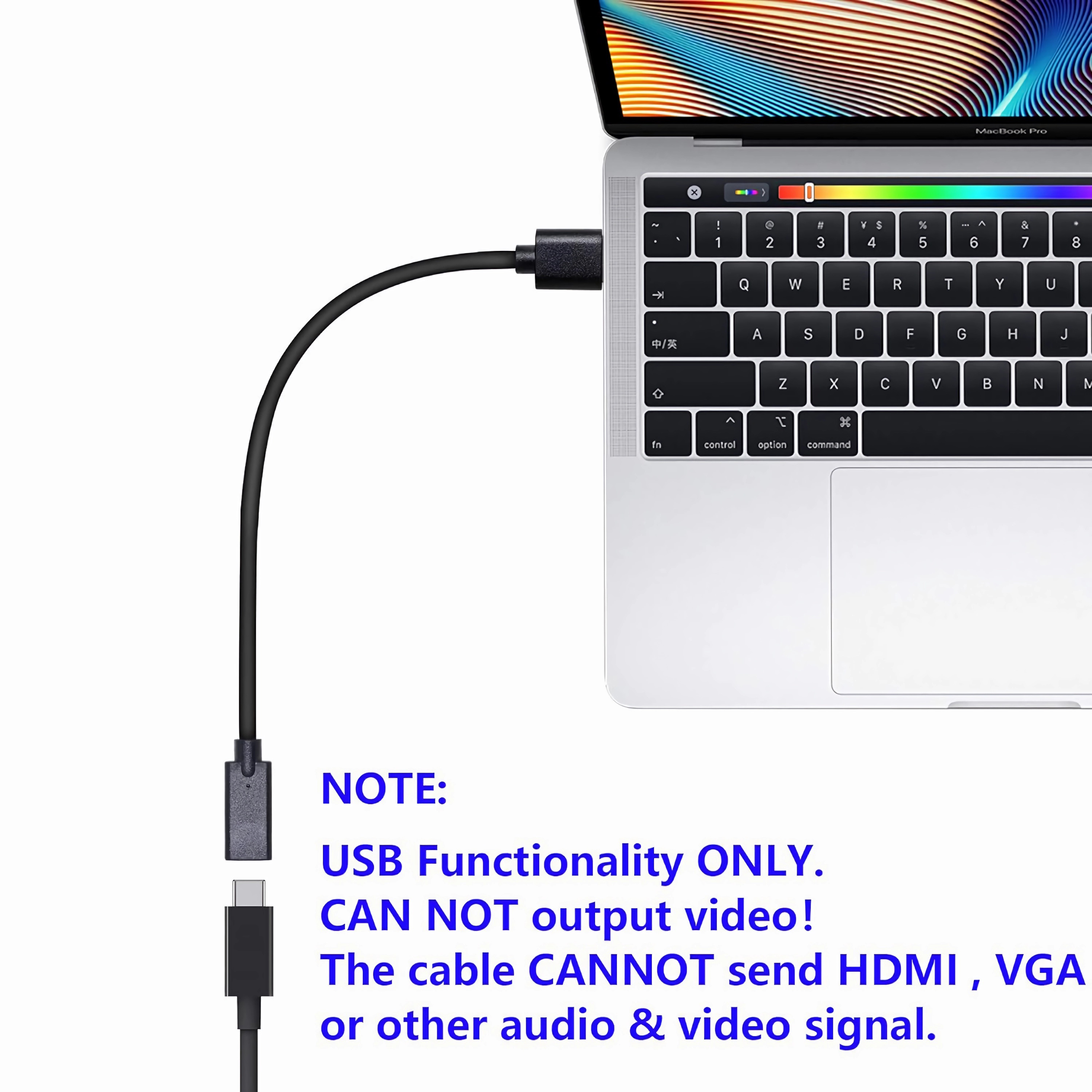 USB-C-auf-USB-A-Kabel, das an einen Laptop angeschlossen ist. Hinweis: NUR USB-Funktionalität. KEINE Videoausgabe.