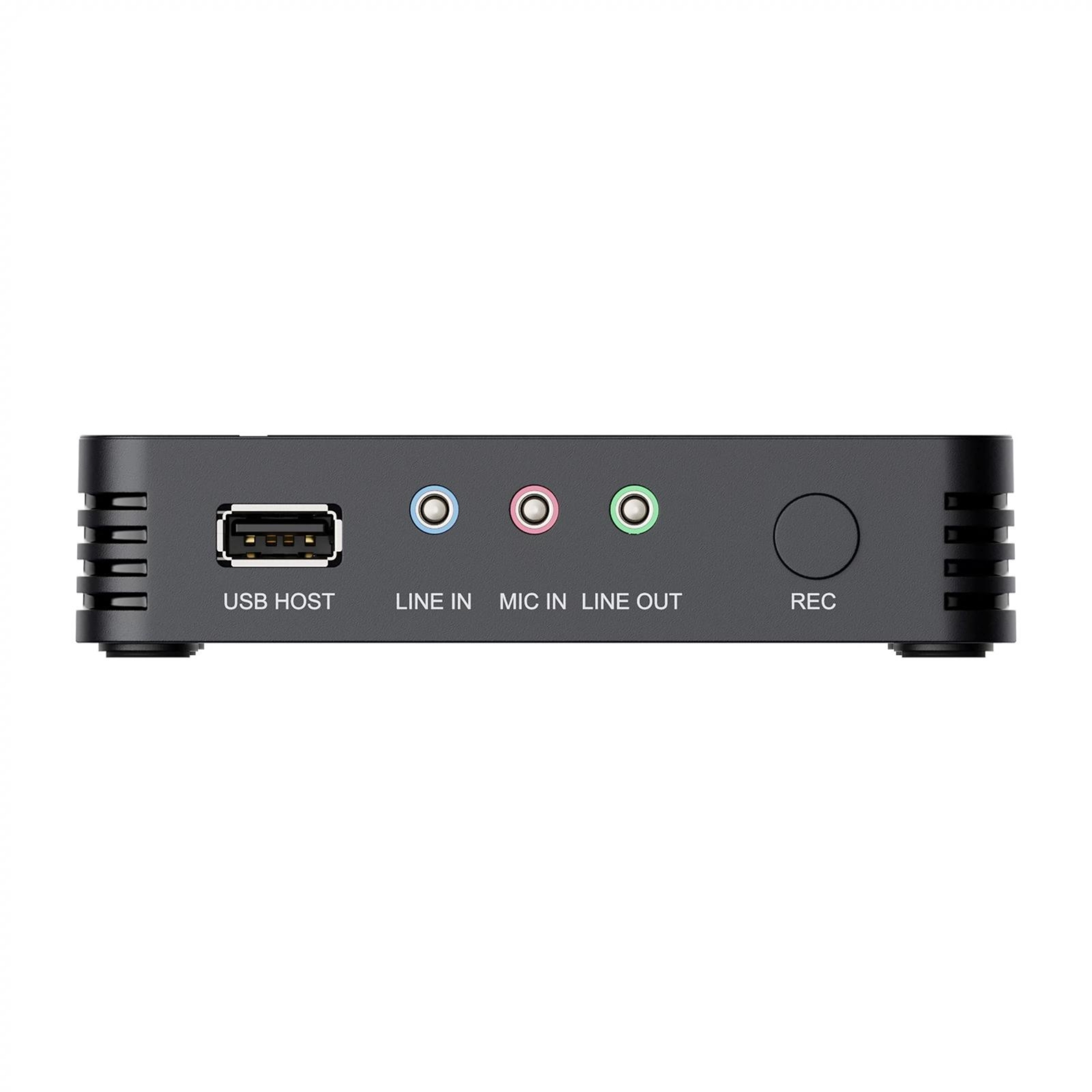 Ein schwarzes Gerät mit Anschlüssen mit der Bezeichnung USB HOST, LINE IN, MIC IN, LINE OUT und REC.