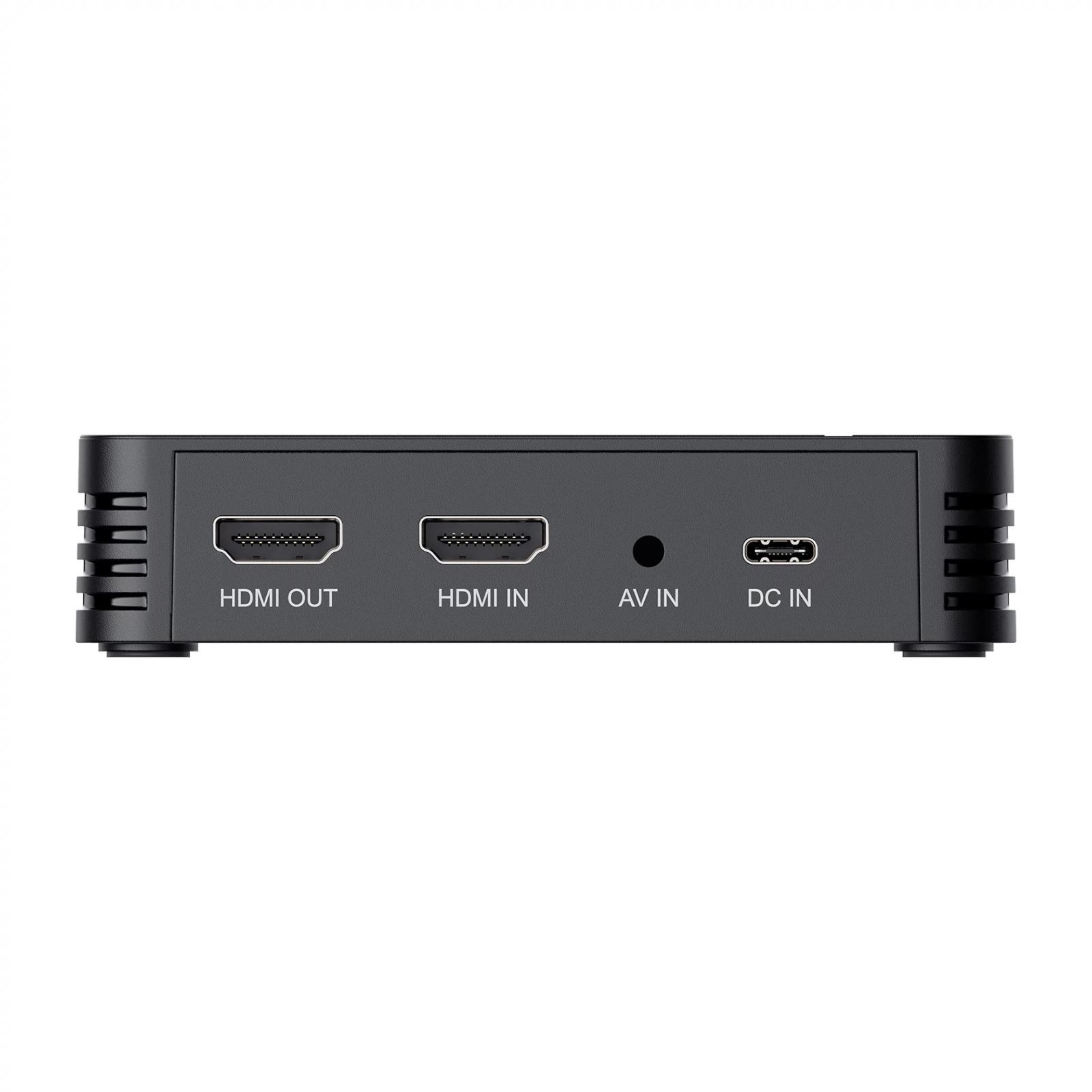Schwarzes Gerät mit HDMI-, AV- und DC-Anschlüssen. Text beschriftet die Anschlüsse.