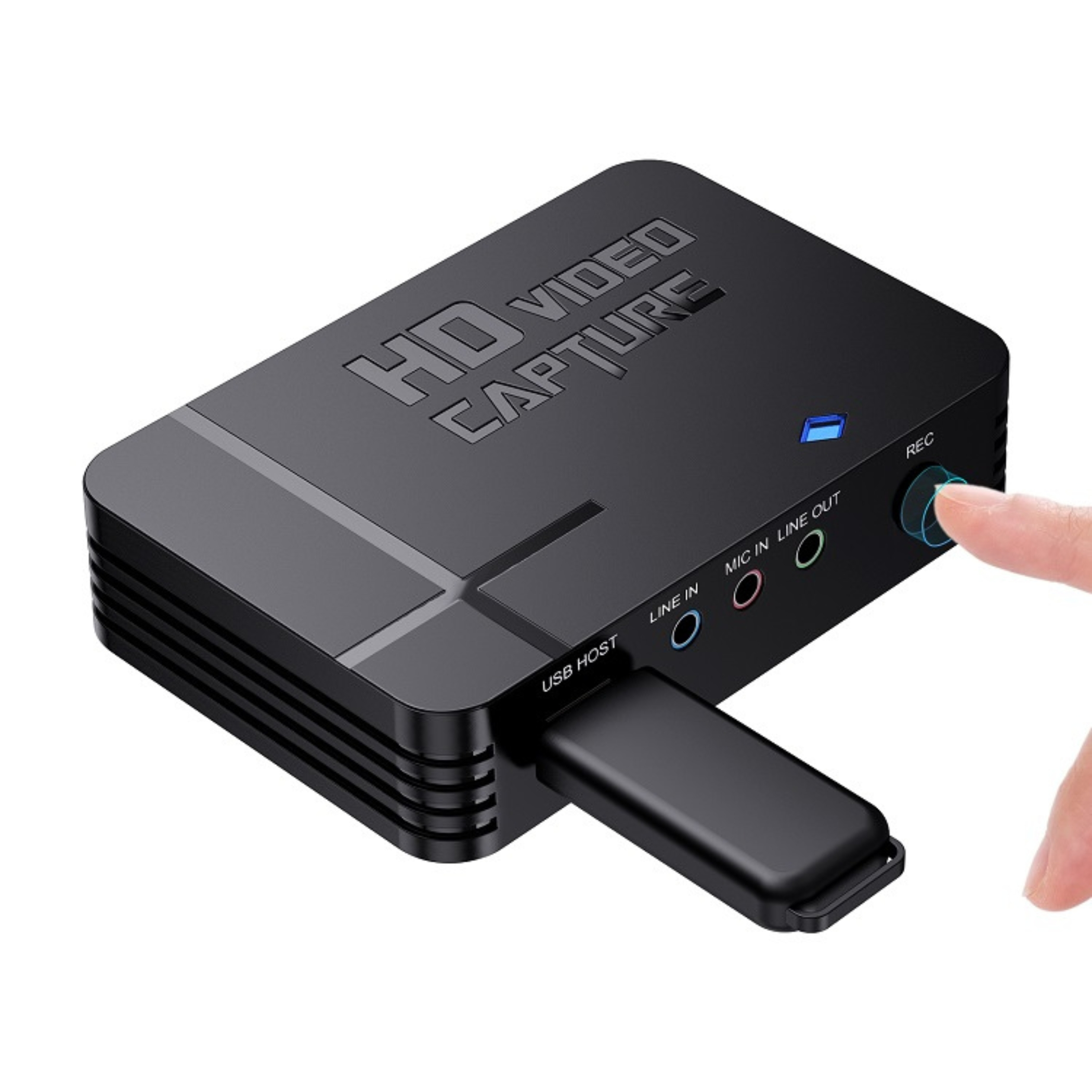 Schwarzes Videoaufnahmegerät. Hat USB, Line-In/Out, Mic-In-Anschlüsse und eine Hand berührt eine Taste.