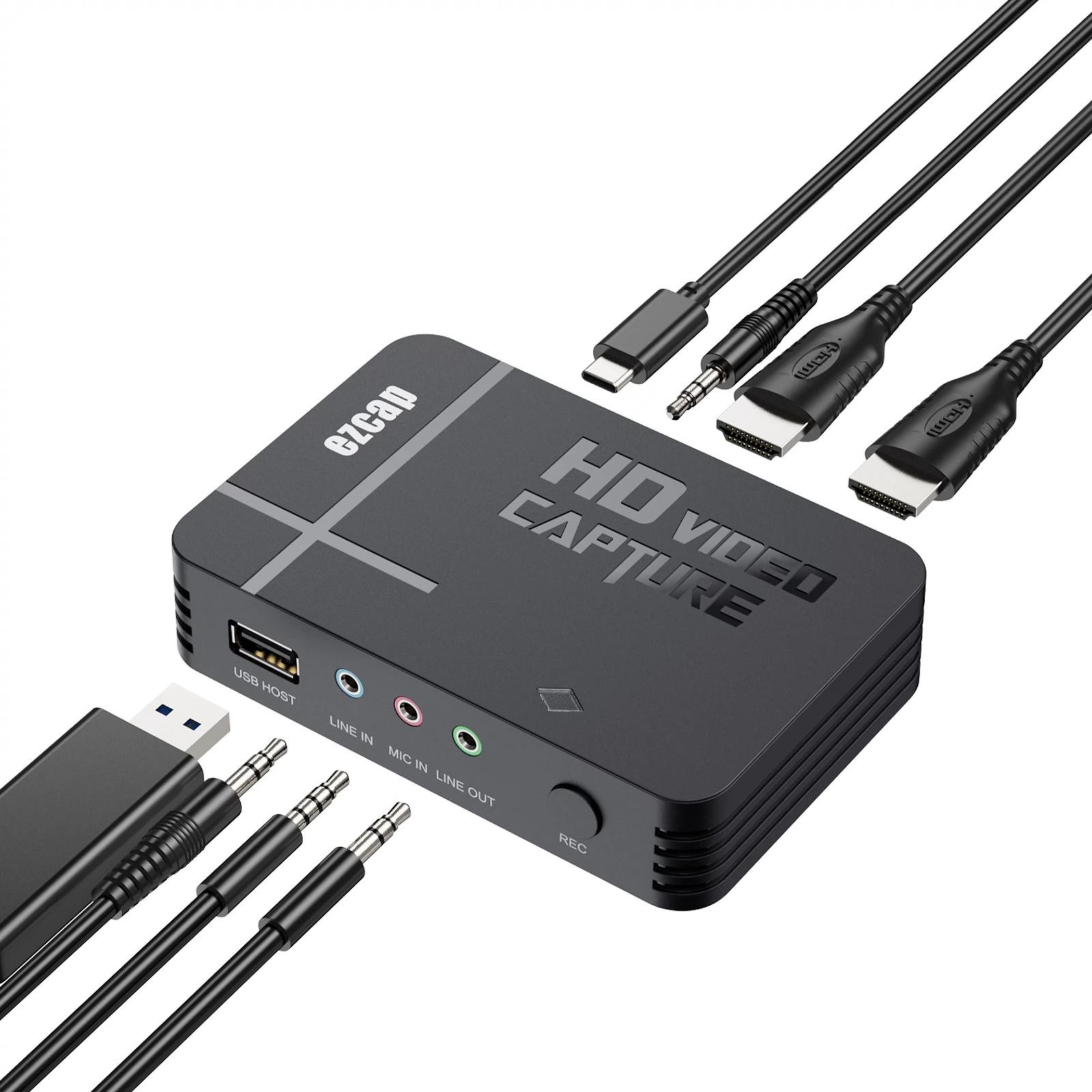 Schwarzes HD-Videoaufnahmegerät mit mehreren angeschlossenen Kabeln und USB-Anschlüssen.